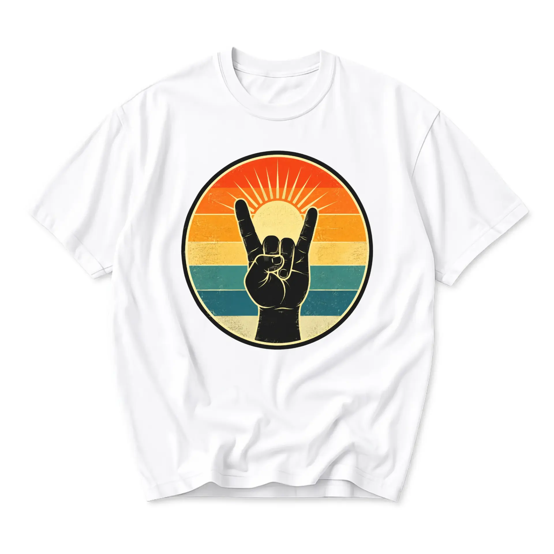 Graphic Tee Unisex Rock Hand Gesture Retro Sunset Circle Design Casual Cotton Crew Neck Short Sleeve Shirt