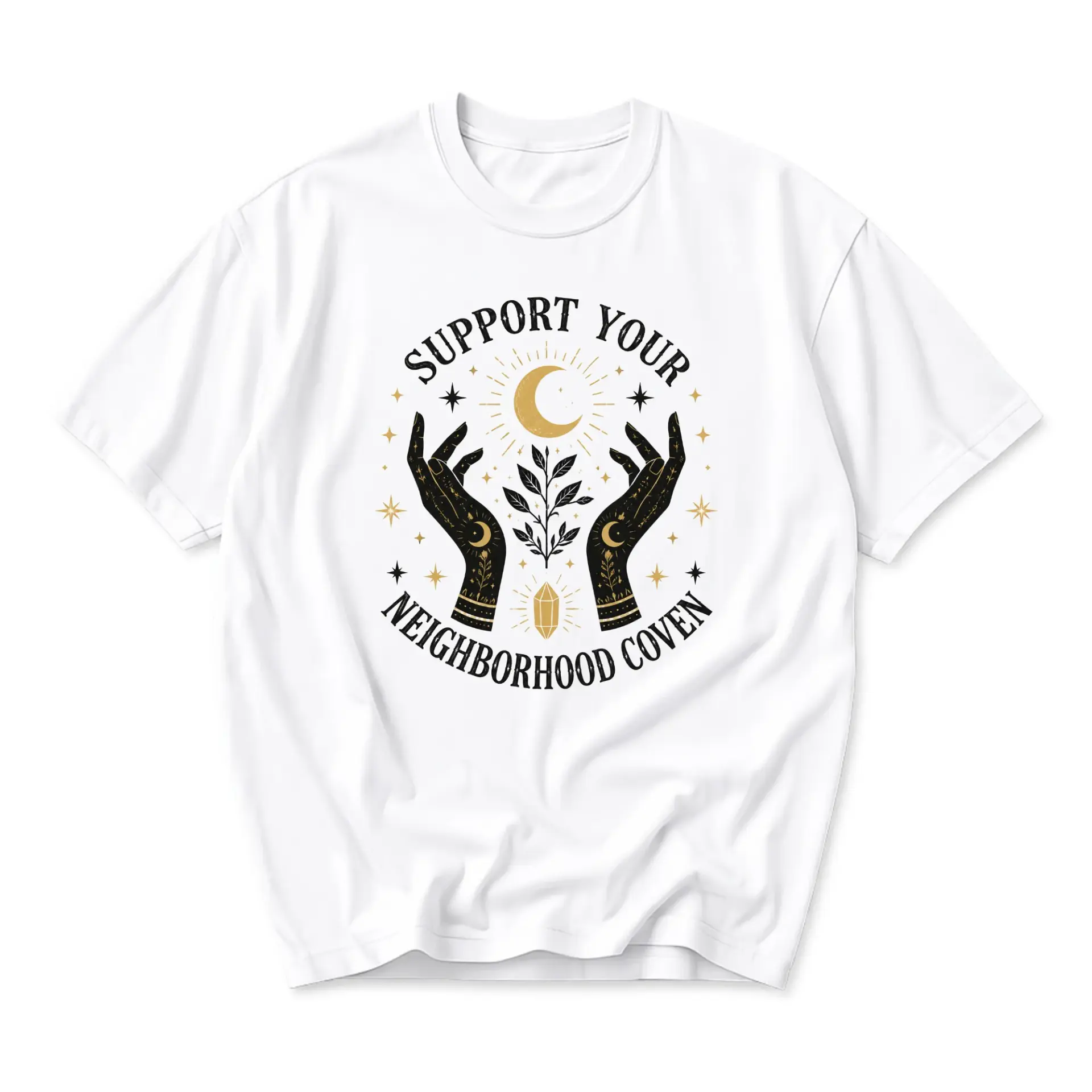 Graphic Tee Support Your Neighborhood Coven Celestial Celestial Hands Print Unisex Crew Neck Casual Cotton Shirt