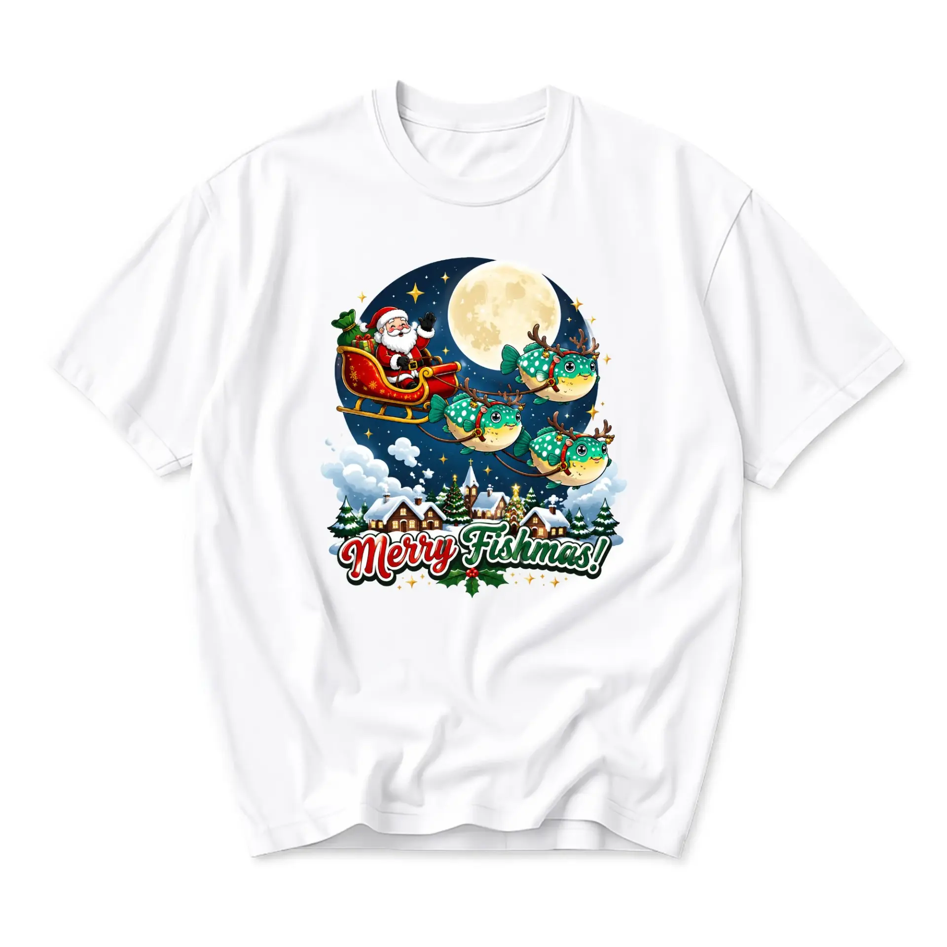 Funny Shirt Merry Fishmas Santa Sleigh Graphic Tee Unisex Casual Crew Neck