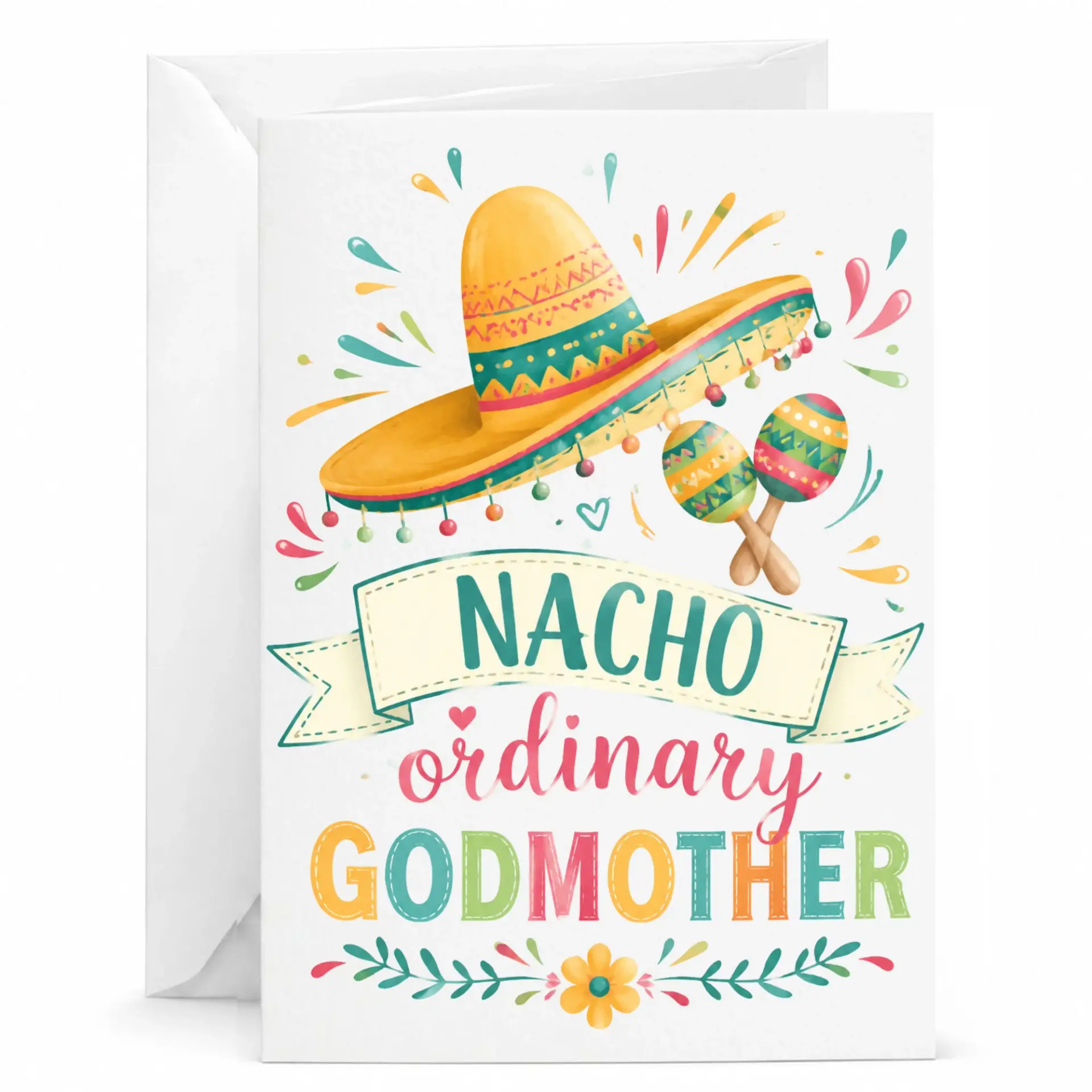 Funny Greeting Card Nacho Ordinary Godmother Pun Design for Special Occasions and with White Envelope