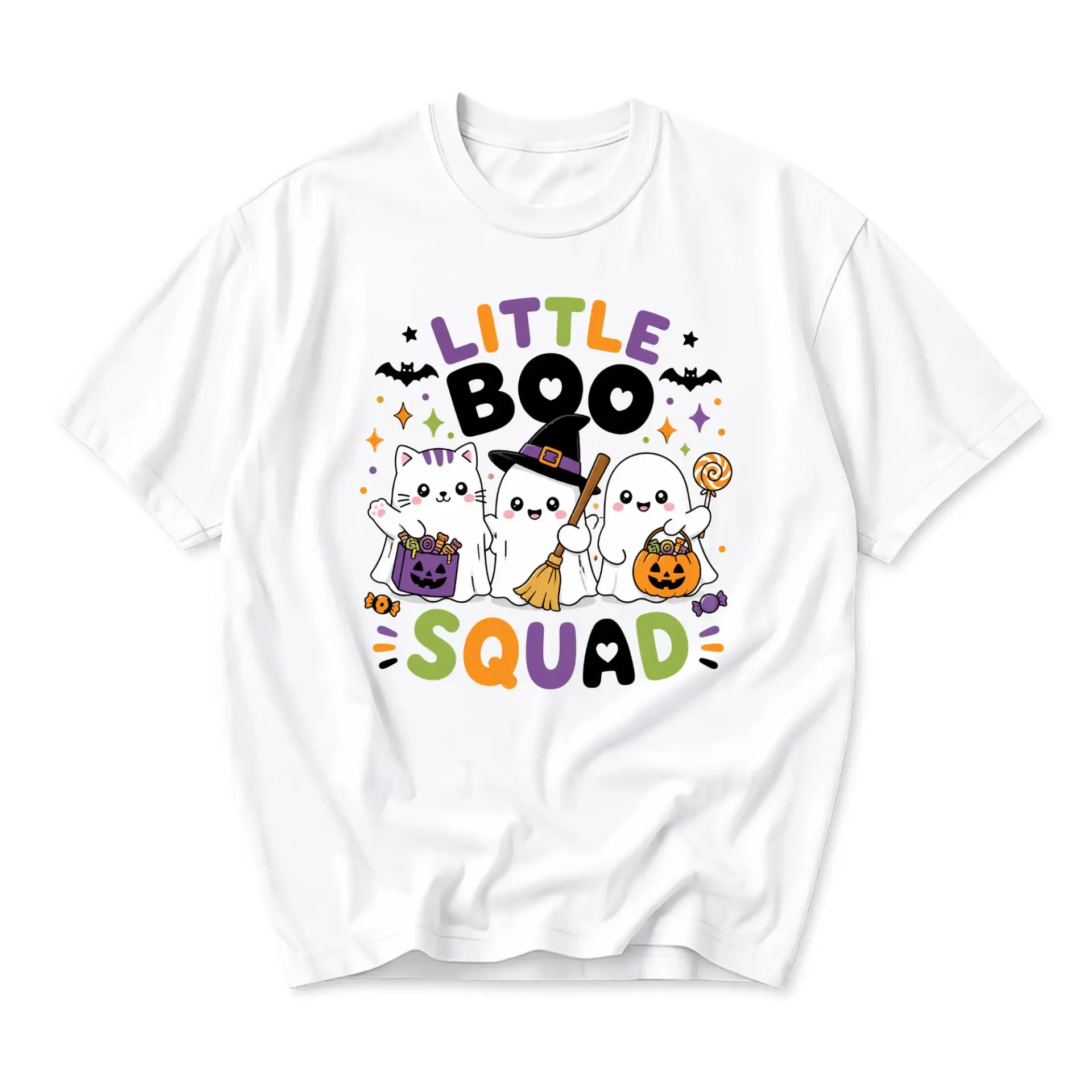 Graphic Tee Little Boo Squad Halloween Shirt Cute Cat and Ghost Illustration Unisex Crew Neck Apparel