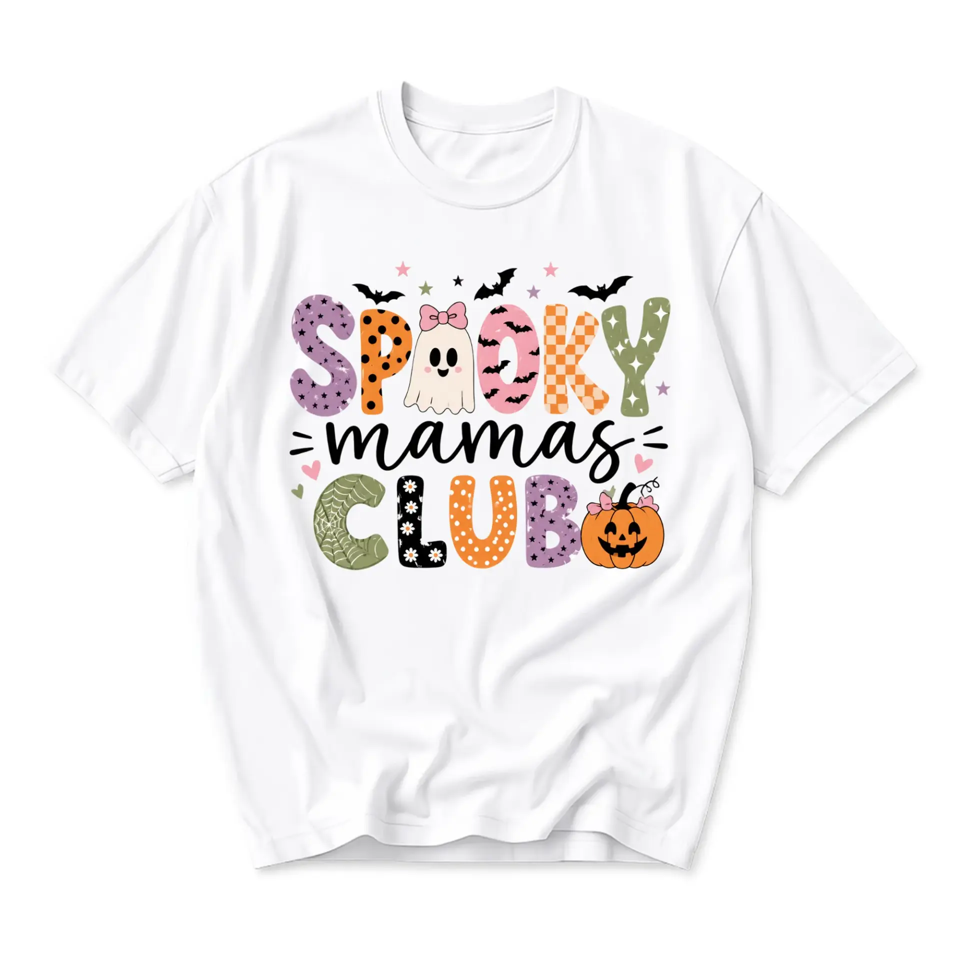 Graphic Tee Spooky Mamas Club Fall Season Halloween Ghost Pumpkin Print Unisex Crew Neck Casual Short Sleeve Shirt