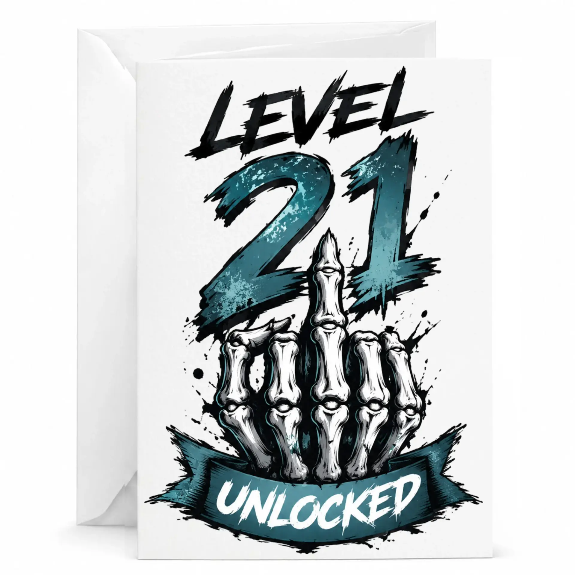 Funny Level 21 Unlocked Greeting Card with Envelope, Edgy Skeletal Hand Graphic for Milestone Birthday Celebration