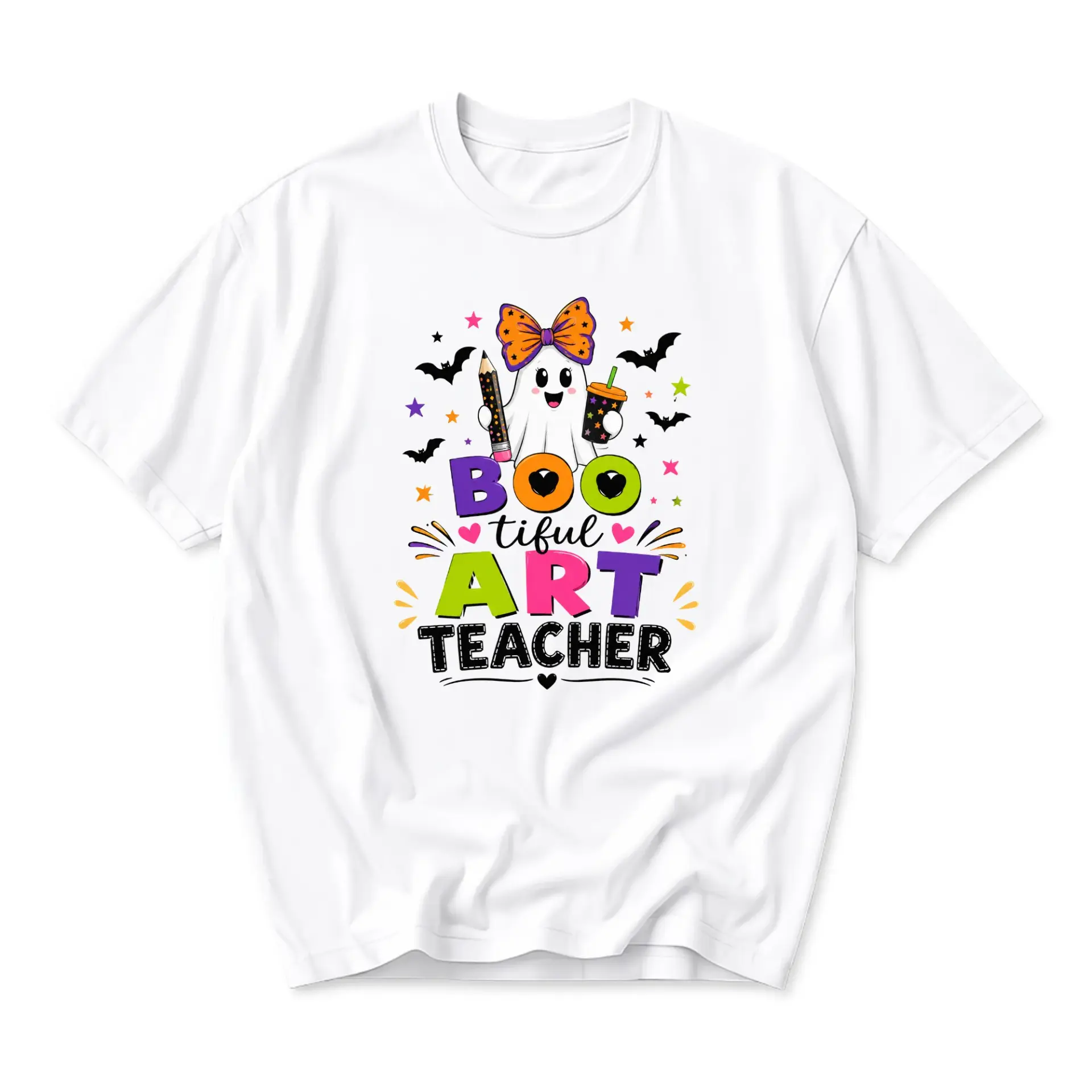 Funny Shirt Boo-Tiful Art Teacher Graphic Tee Halloween Inspired Unisex Crew Neck Short Sleeve Casual Cotton Apparel