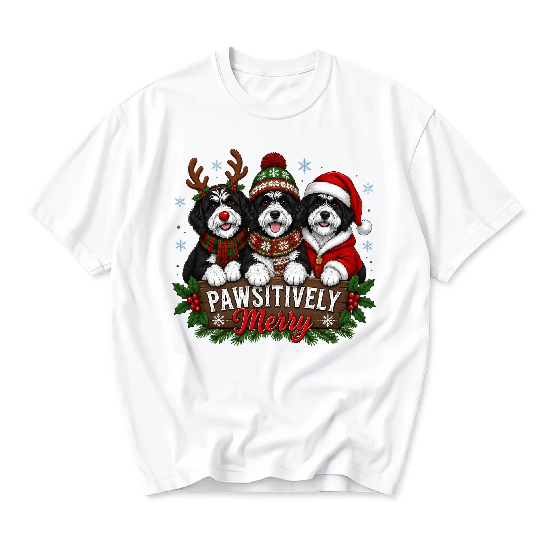 Graphic Tee Pawsitively Merry Christmas Dog Shirt Cute Holiday Crew Neck