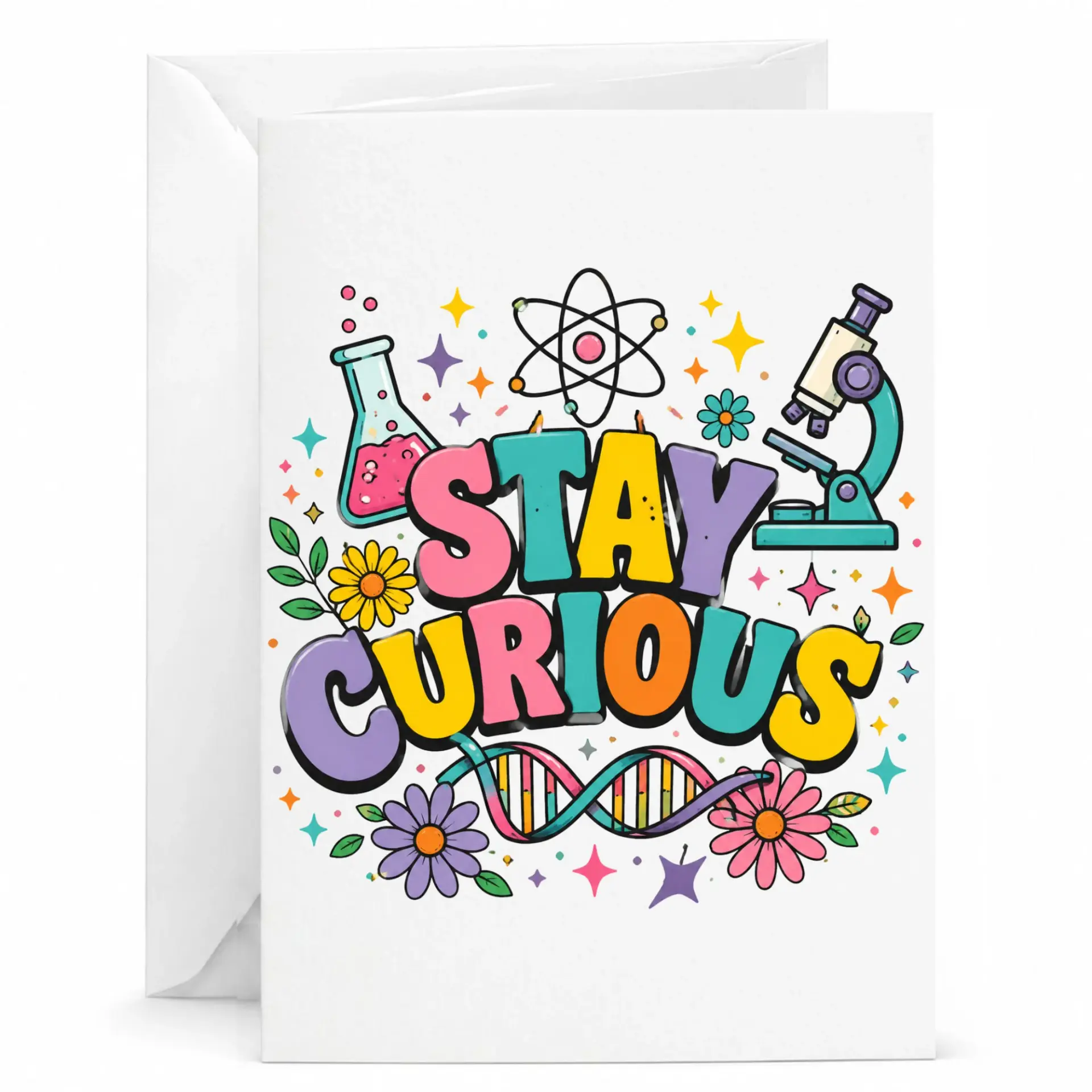 Greeting Card Stay Theme Featuring Colorful Laboratory Equipment Floral Motifs and Strand Illustration