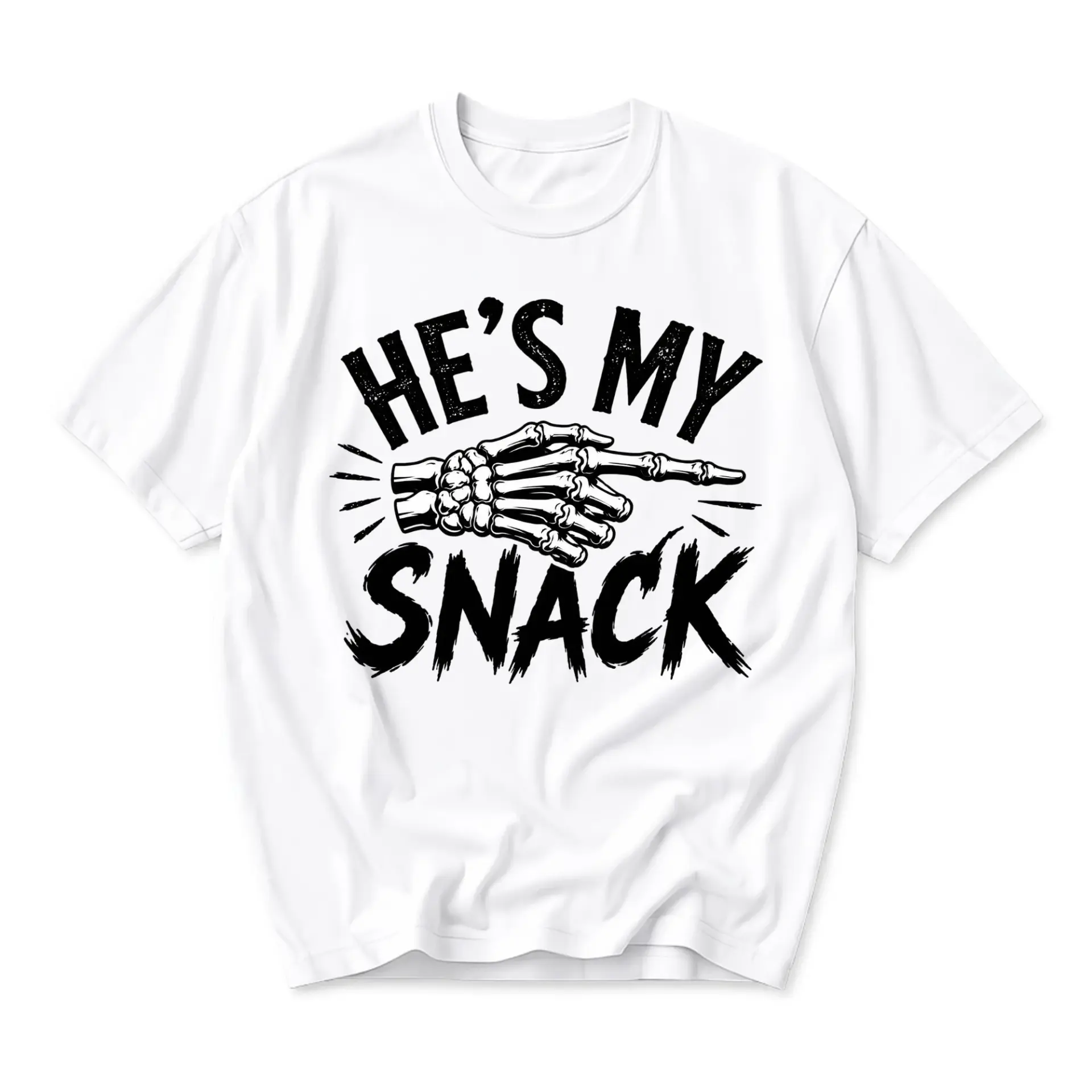 Graphic Tee Unisex Casual Shirt He Is My Snack Skeleton Hand Print Funny Short Sleeve Crew Neck Cotton Top White