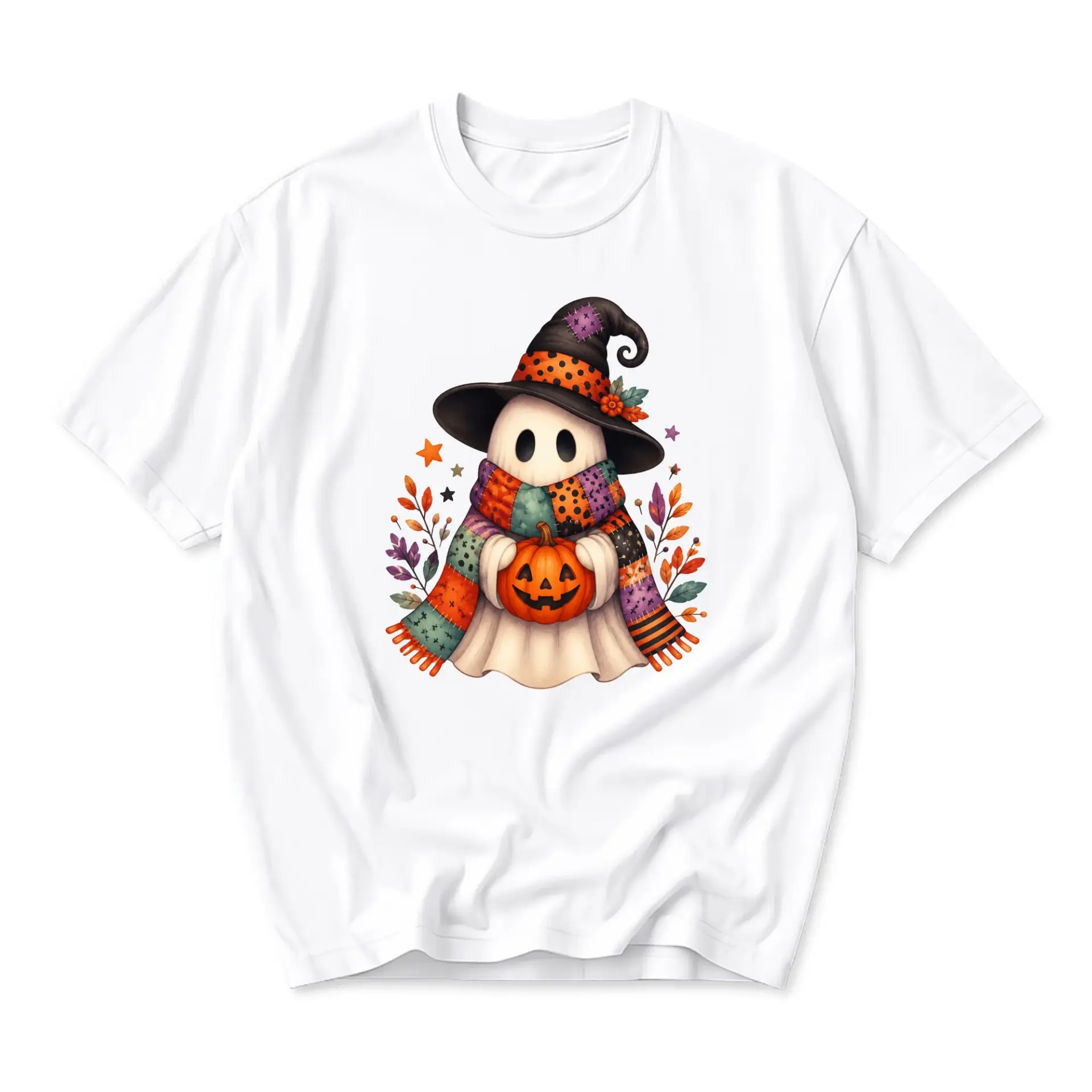 Graphic Tee Unisex Crew Neck T-Shirt Featuring a Cute Ghost Wearing a Patchwork Scarf and Hat Holding a Pumpin