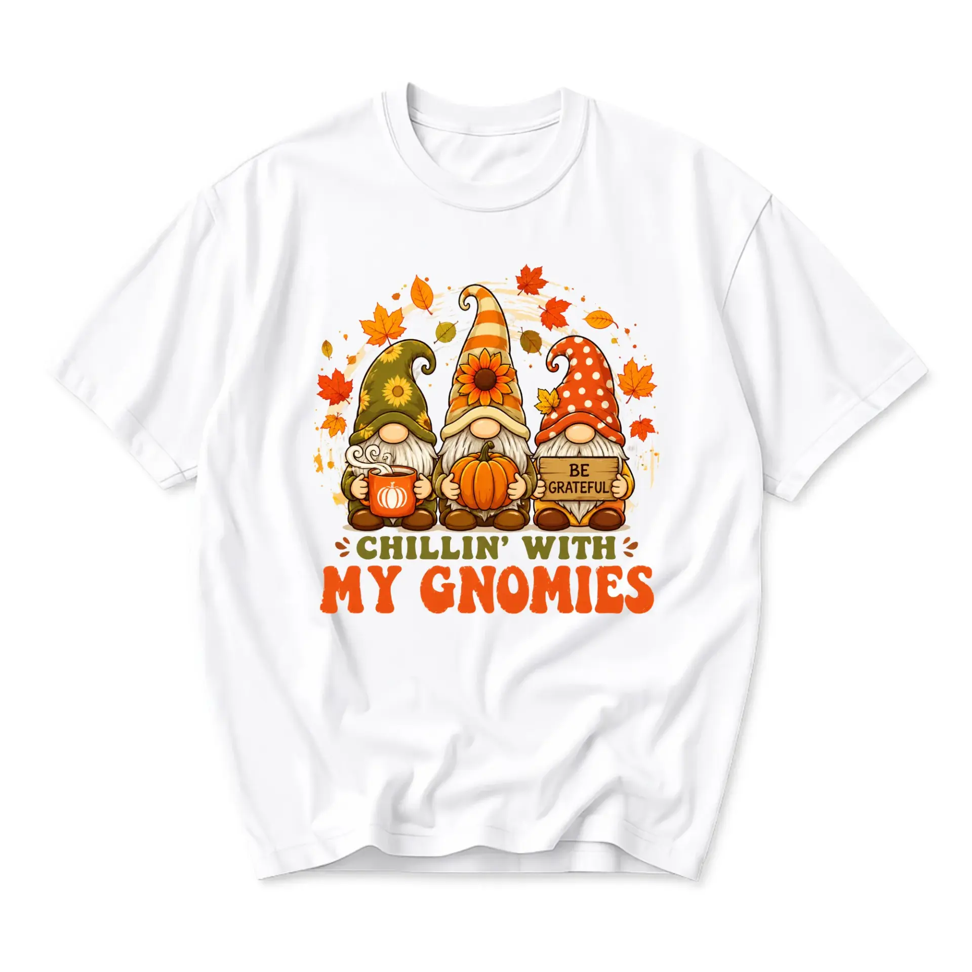 Graphic Tee Chillin with My Gnomies Fall Autumn Shirt Unisex Crew Neck Short Sleeve Casual Graphic Printed T-Shirt