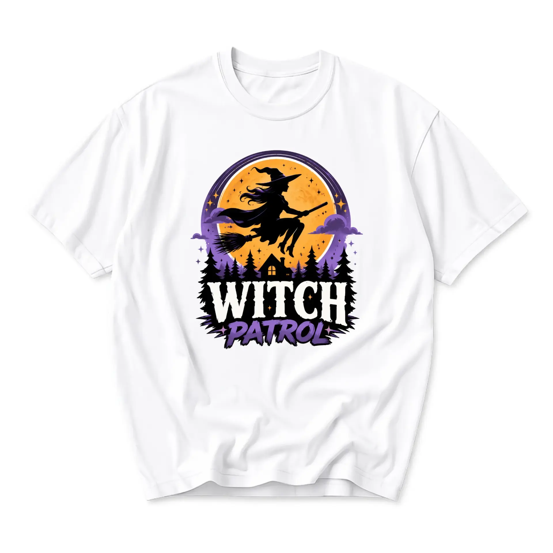 Graphic Tee Witch Patrol Design Unisex Crew Neck T-Shirt Seasonal Holiday Apparel for Casual Wear and Everyday Style