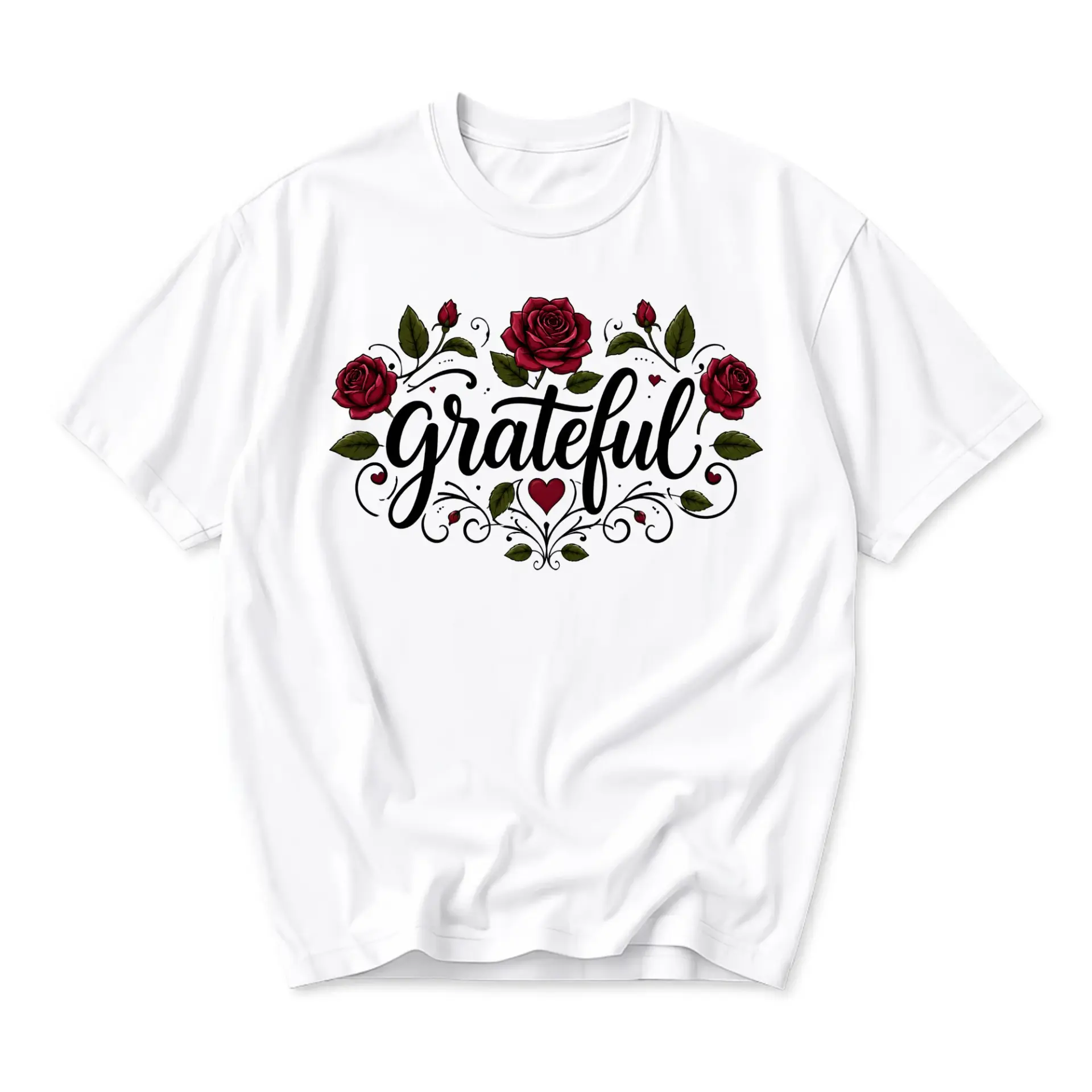 Graphic Tee Grateful Floral Rose Script Art Print Unisex Crew Neck Casual Everyday Wear Soft Cotton Blend T-Shirt