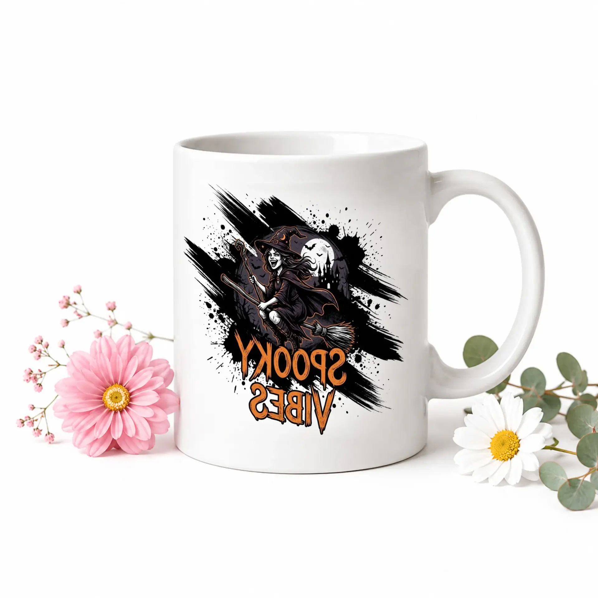 Spooky Vibes Witch Coffee Mug with Blue Handle Festive Halloween Ceramic Drinkware for Seasonal Hot Beverage Enjoyment