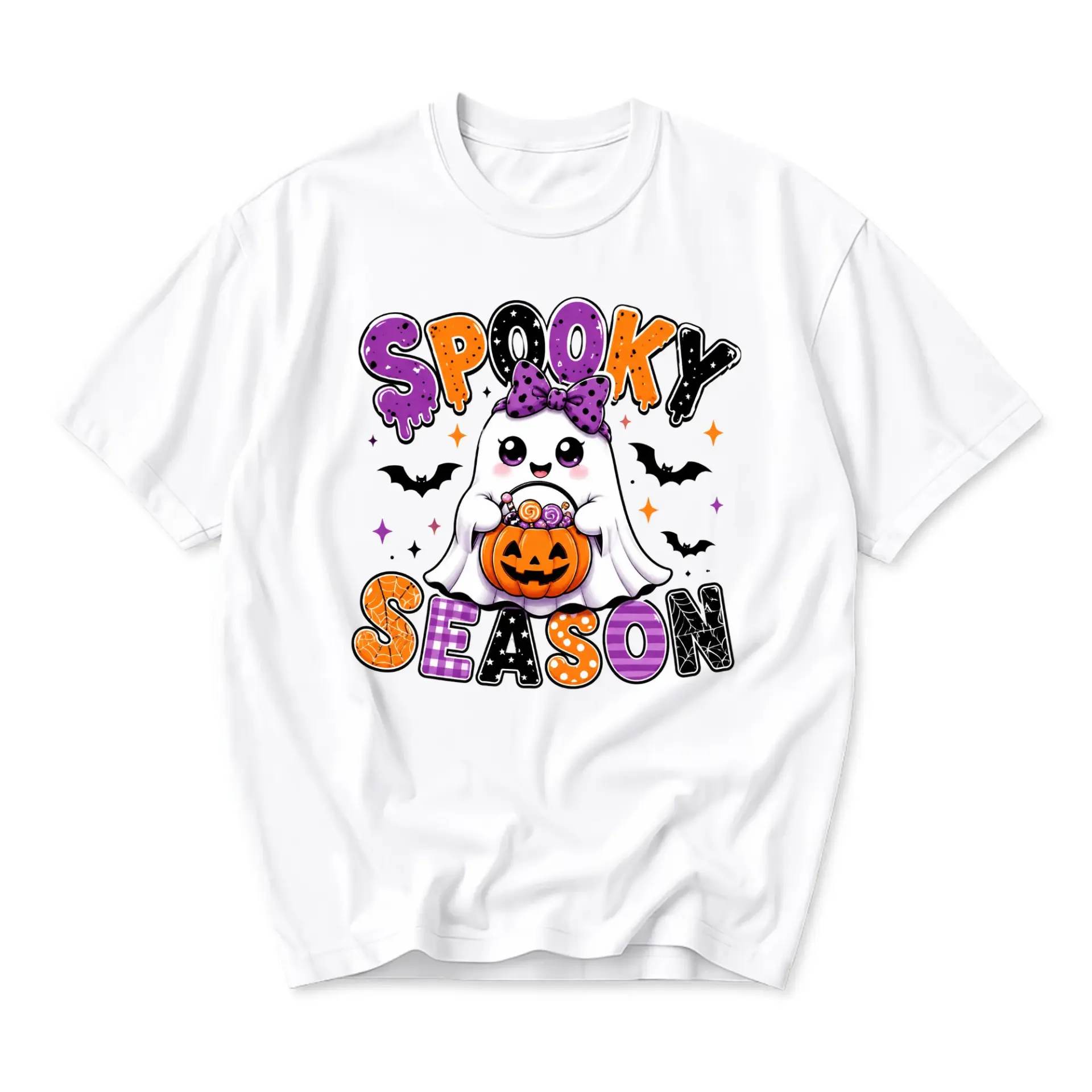 Graphic Tee Spooky Season Cute Ghost Print Unisex Crew Neck Shirt for Casual Everyday Wear and Seasonal Holidays