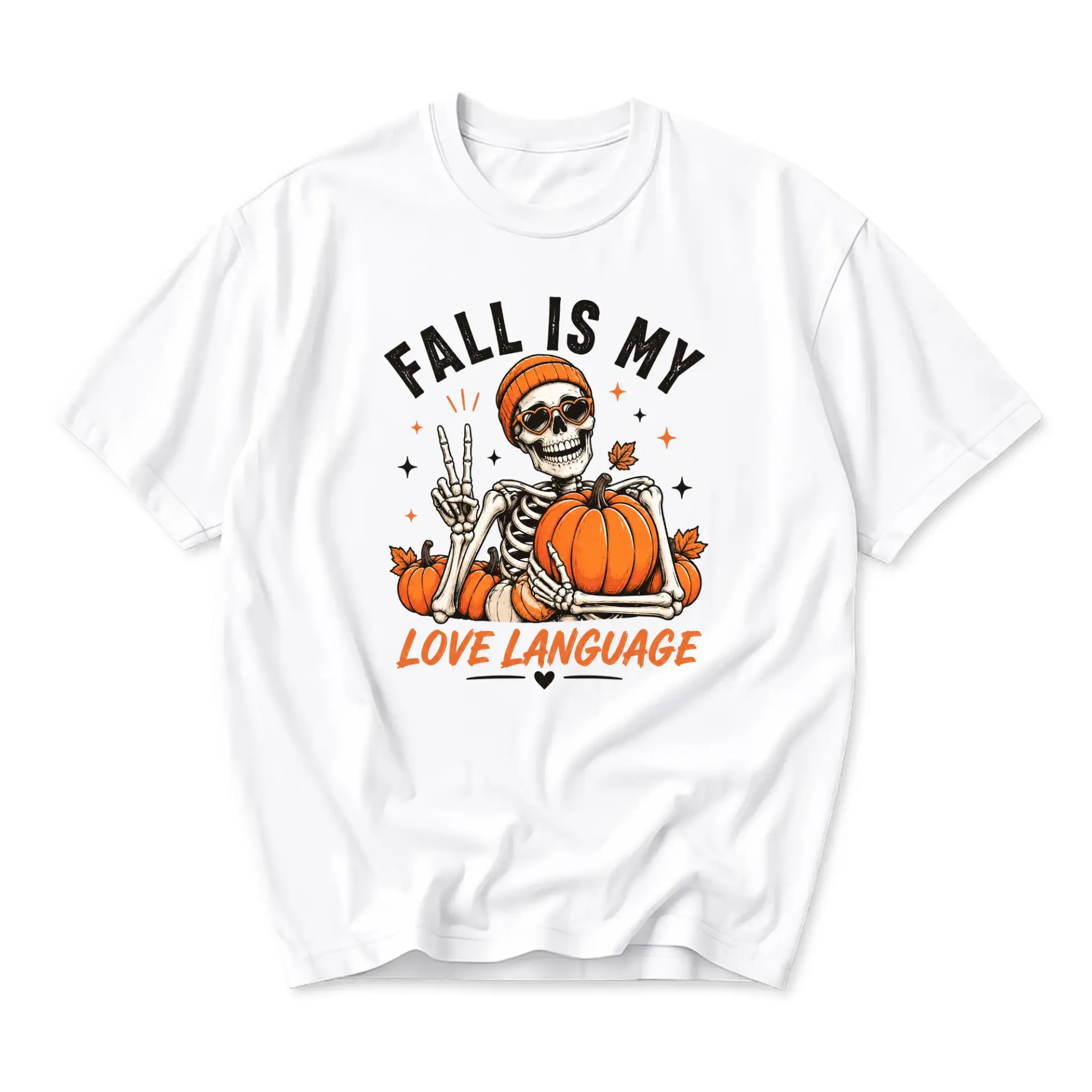 Funny Shirt Fall Is My Love Language Graphic Tee Skeleton Pumpkin Unisex Casual Cotton Crew Neck Seasonal Apparel