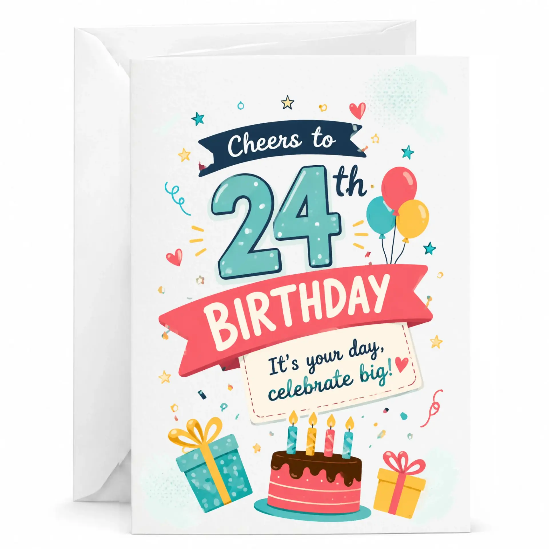Birthday Card Cheers to 24th Birthday Greeting Card with Envelope for Milestone Celebrations and Festive Parties
