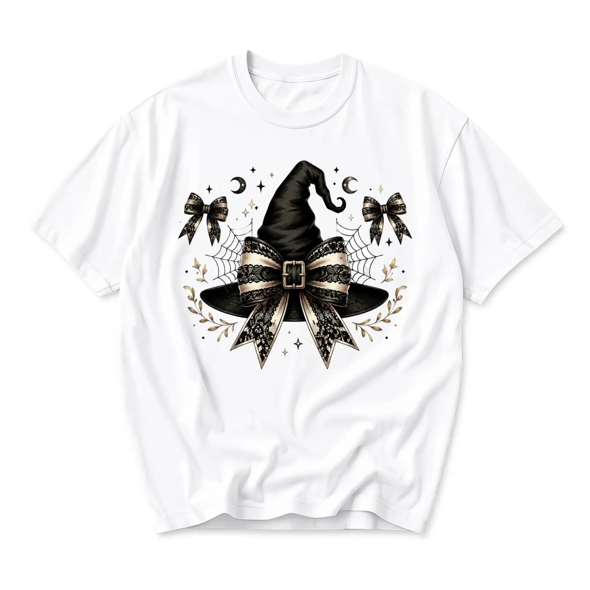 Graphic Tee Witch Hat with Elegant Bow Design Unisex Cotton Crew Neck Casual Short Sleeve Everyday Apparel