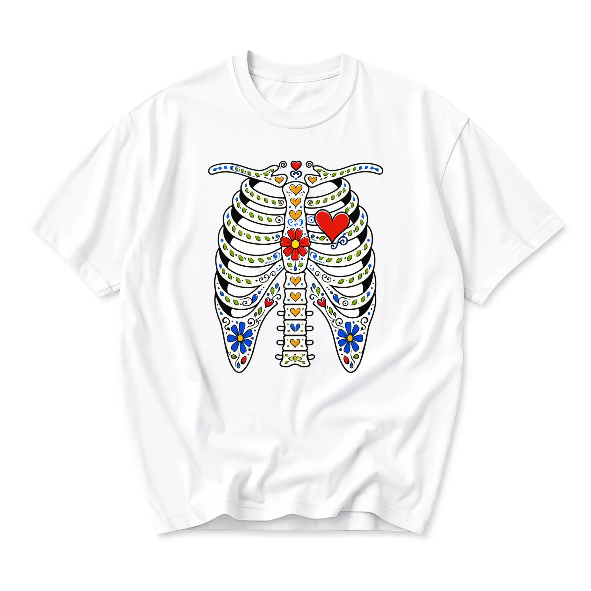 Graphic Tee Unisex Skeleton Ribcage Floral Art Shirt Artistic Sugar Skull Inspired Crew Neck Casual Apparel
