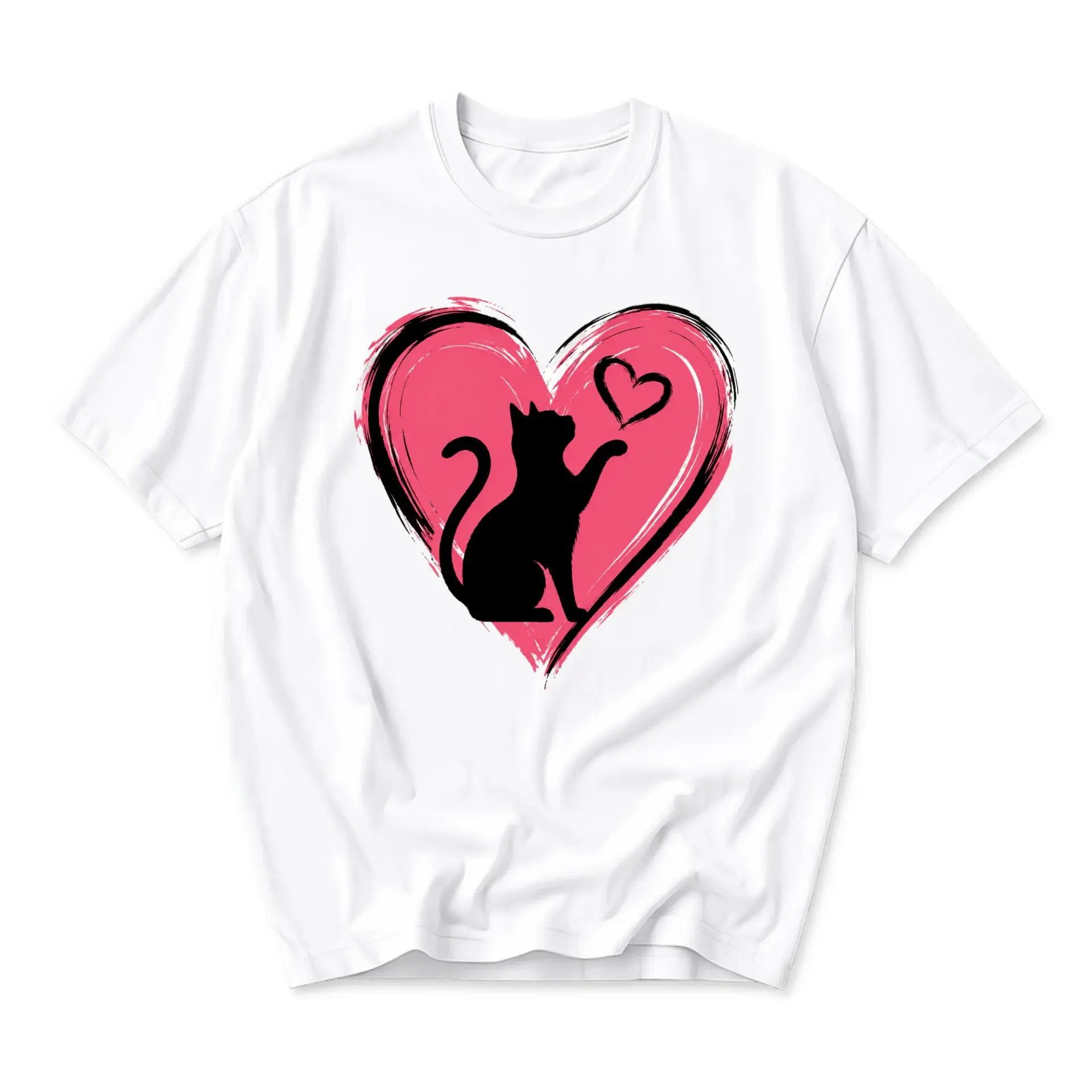 Graphic Tee Unisex Crew Neck T-Shirt with Artistic Black Cat and Pink Brushstroke Heart Design for Casual Wear