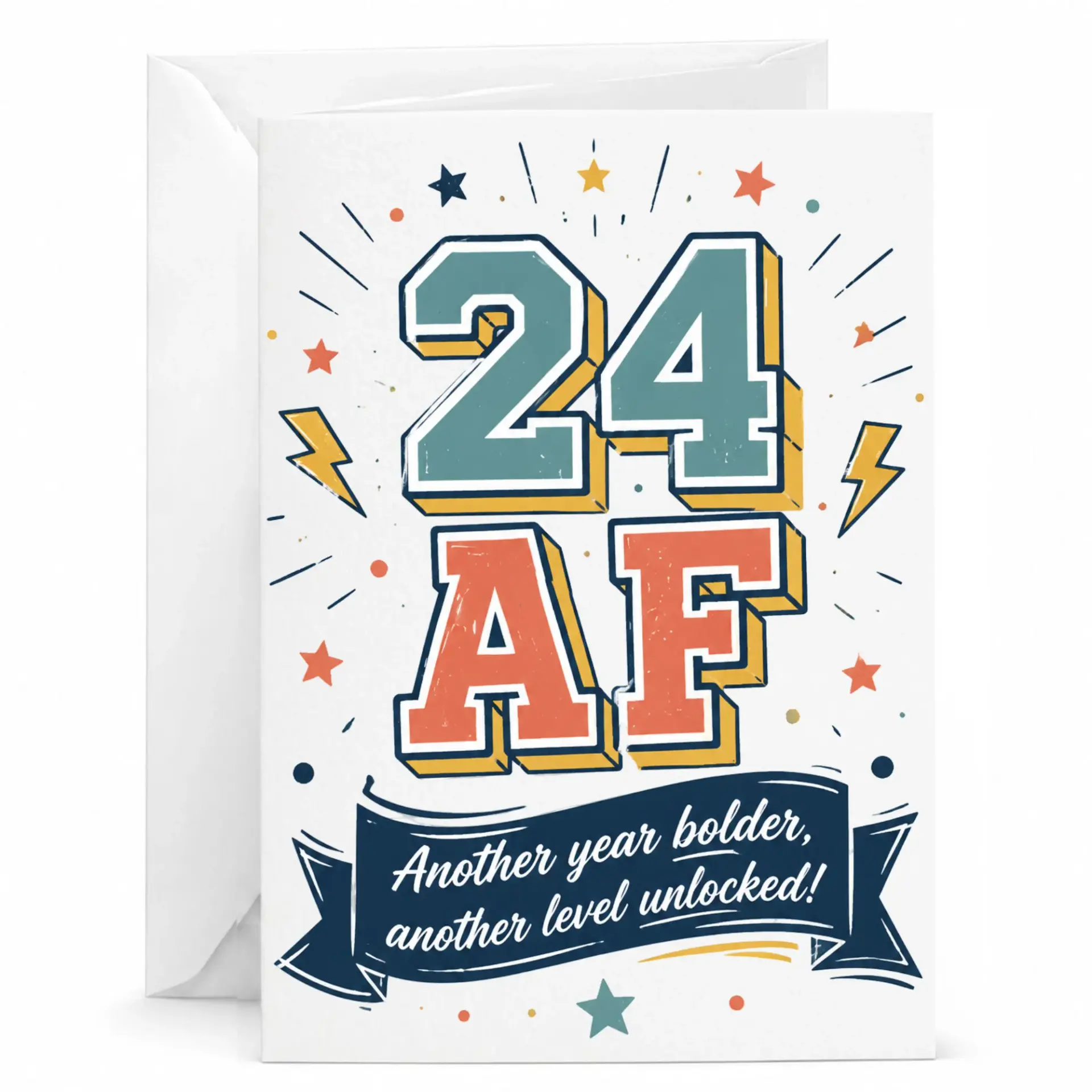 Funny Birthday Card 24 Af Another Year Bolder Level Unlocked Retro Style Typography Greeting Card for Milestone