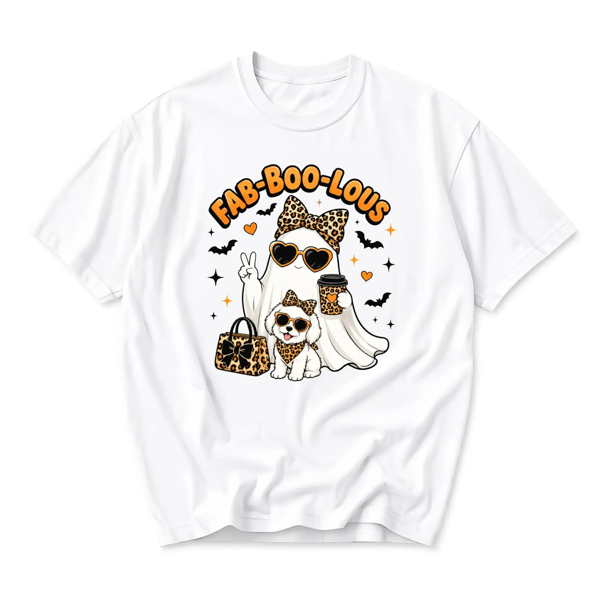 Graphic Tee Fab-Boo-Lous Ghost and Dog Leopard Print Design Unisex Cotton Crew Neck Casual Short Sleeve Shirt
