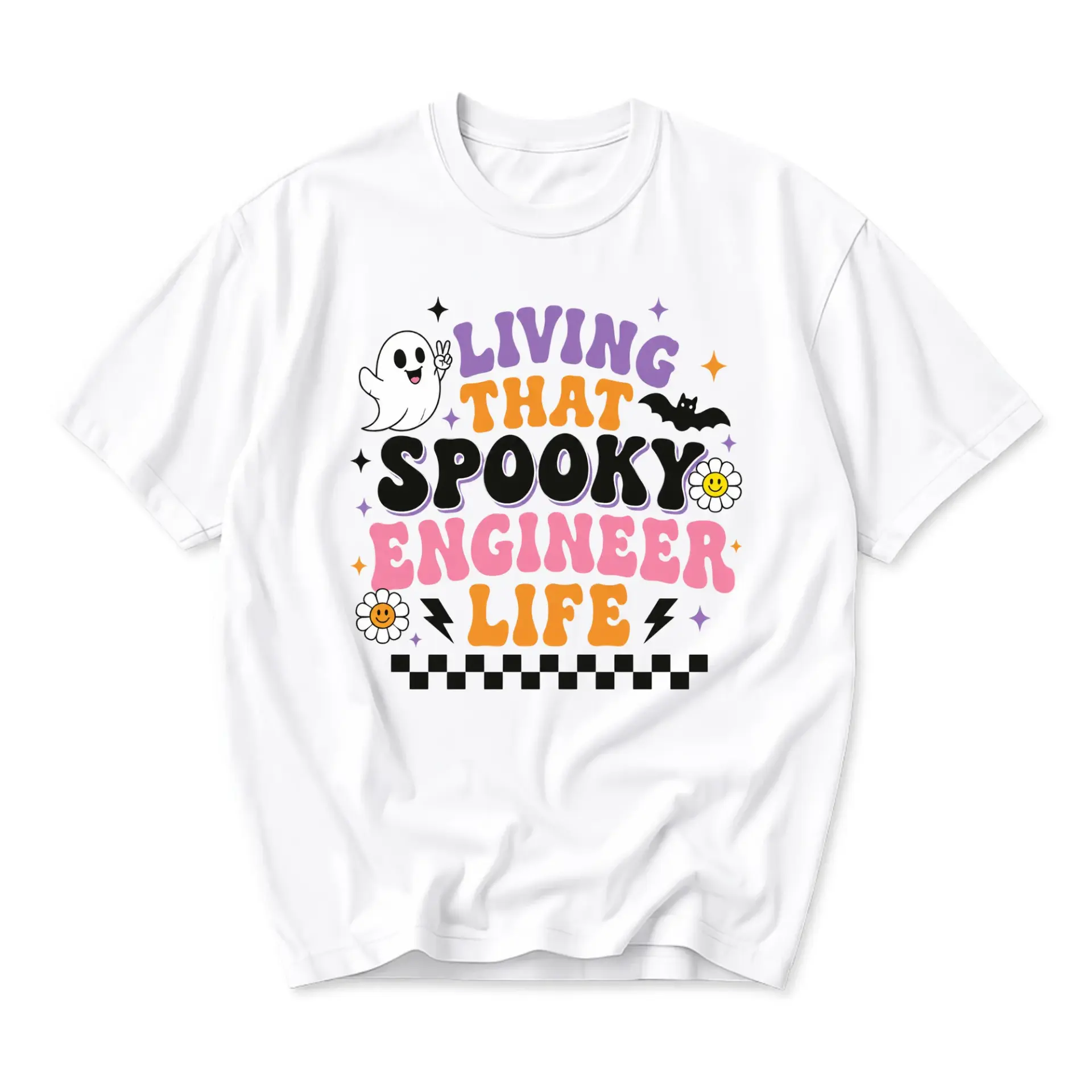Funny Shirt Unisex Graphic Printed T-Shirt Featuring Spooky Engineer Life Retro Halloween Design Casual Apparel
