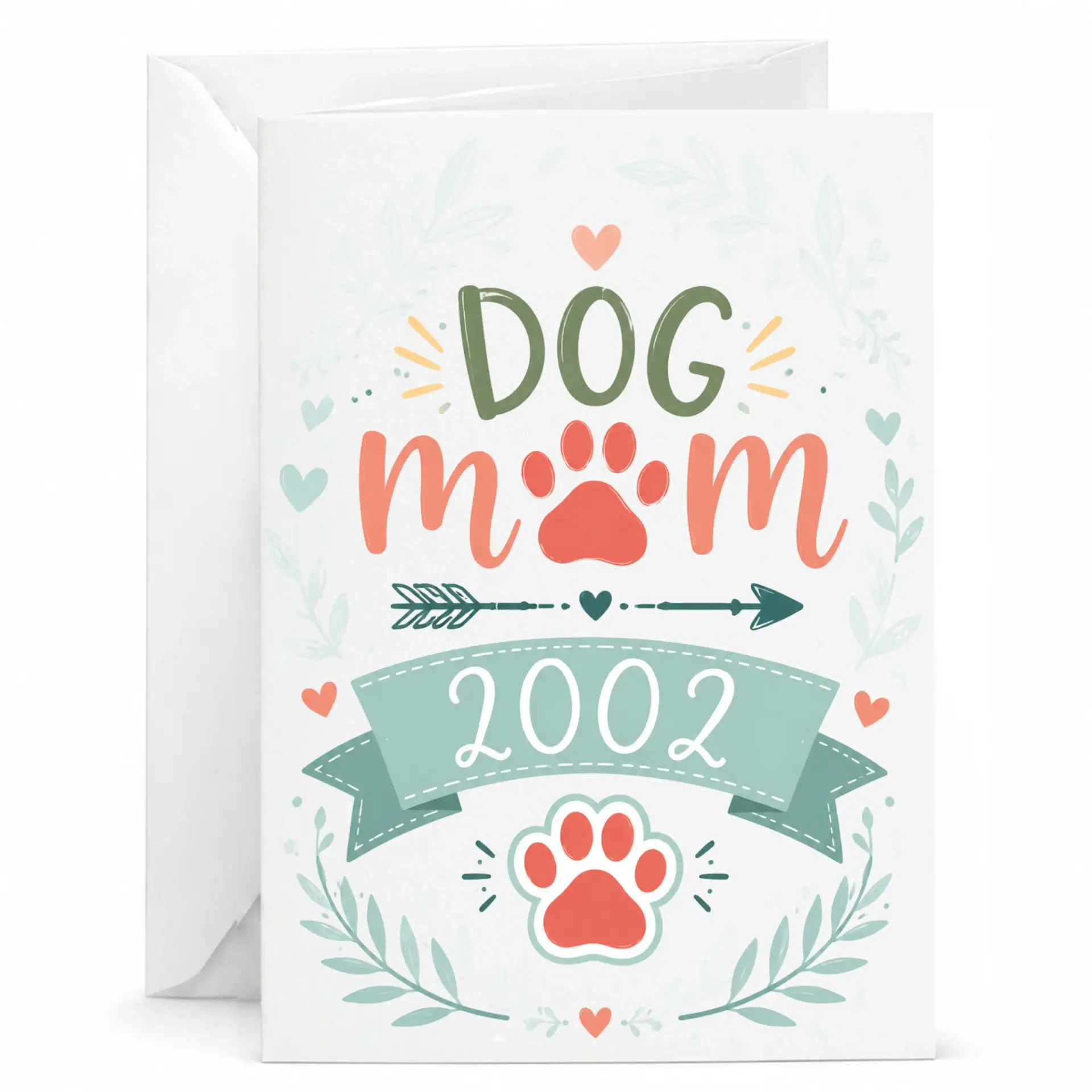 Dog Mom 2002 Greeting Card for Pet Lovers, Vintage Style Floral Paw Print Stationery, Premium Folded Note Card