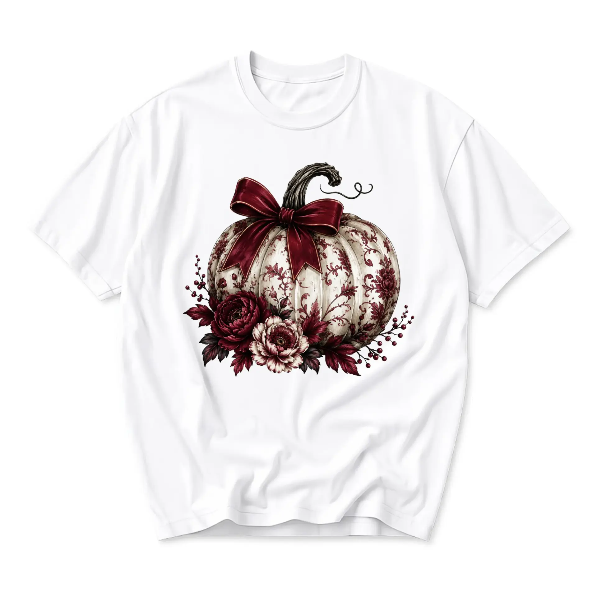 Graphic Tee Pumpkin Floral Print Autumn Botanical Art Unisex Crew Neck Casual Everyday Short Sleeve Cotton T-Shirt