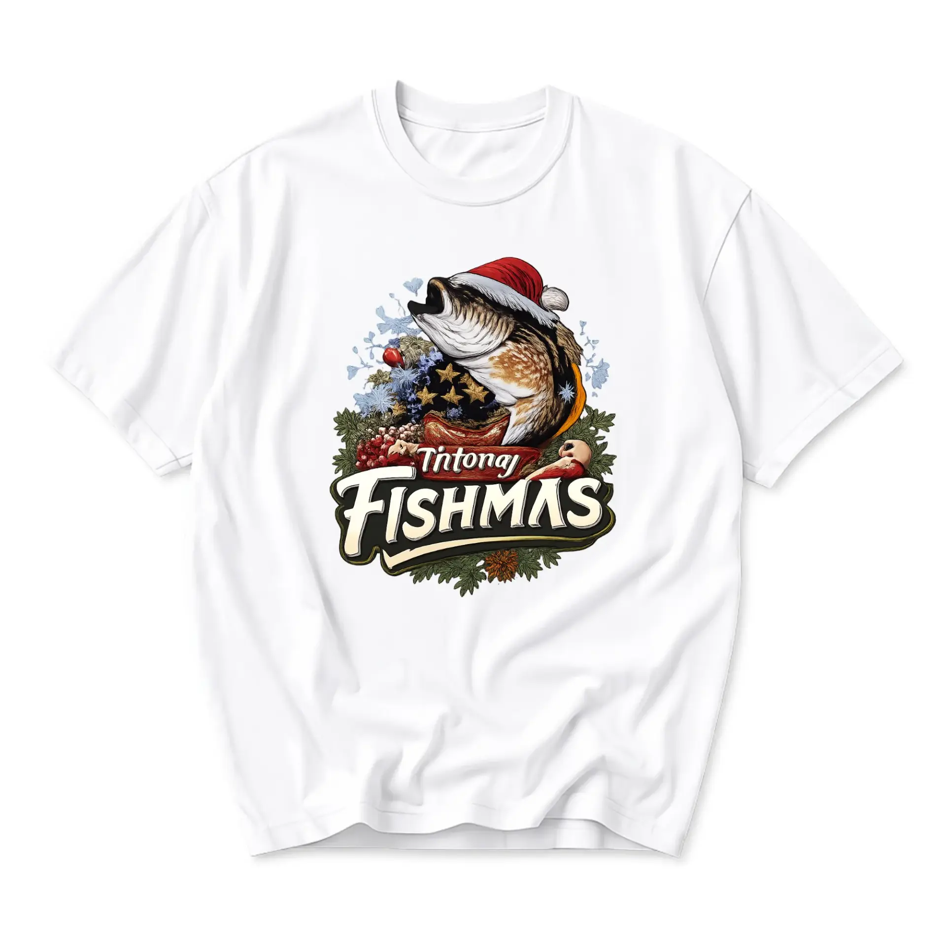 Funny Shirt Fishmas Unisex Graphic Printed T-Shirt Holiday Fisherman Gift Casual Crew Neck Summer Apparel