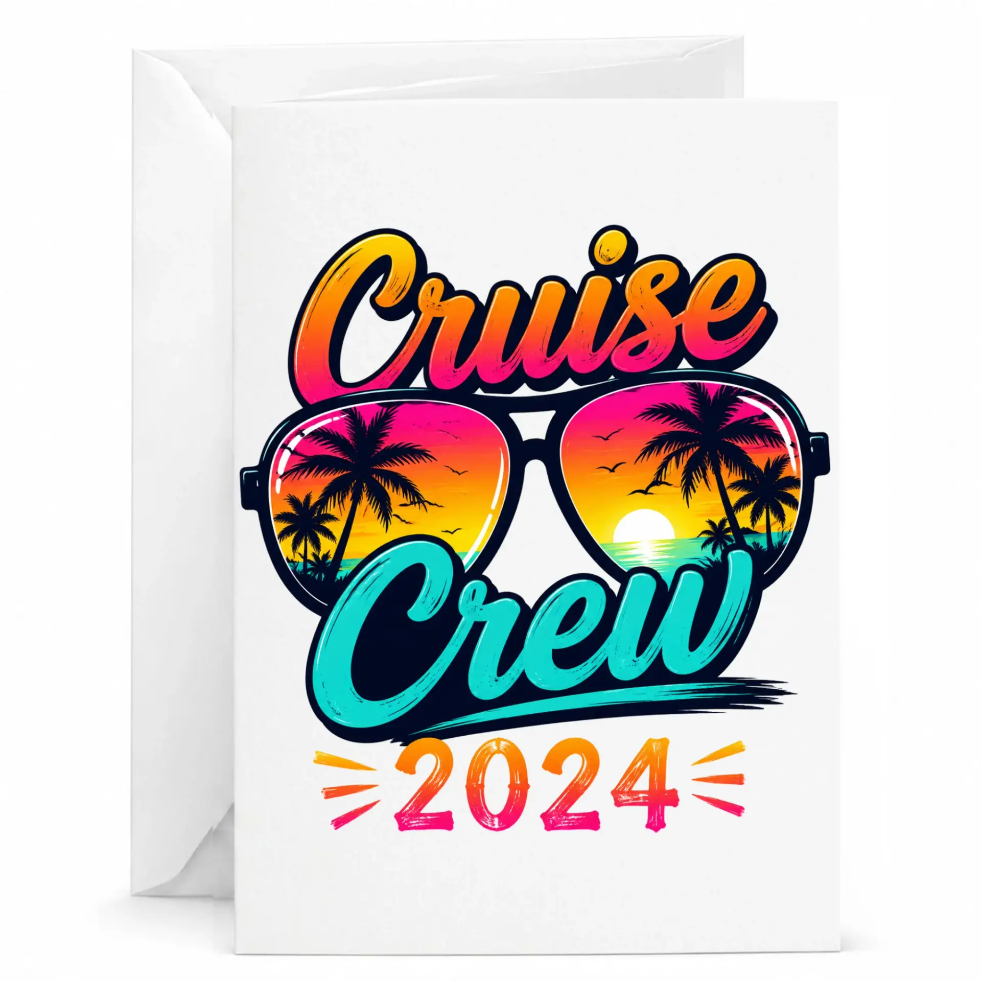 Funny Cruise Crew 2024 Greeting Card for Vacation Travel Lovers, Tropical Sunglasses Design with Matching White Envelope