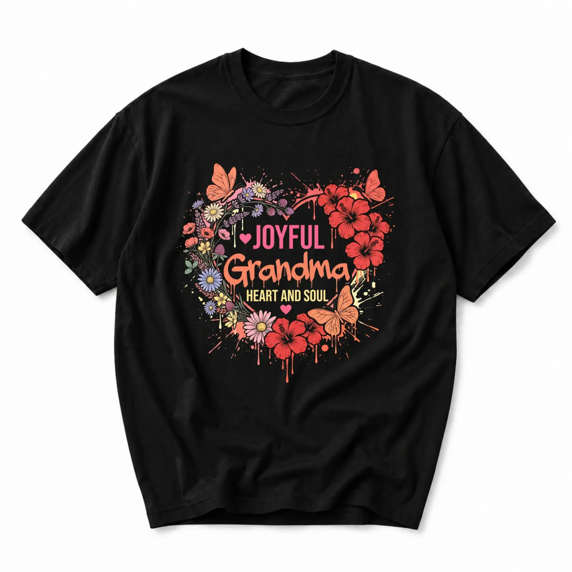Graphic Tee Joyful Grandma Floral Heart Design Unisex Cotton Crew Neck Short Sleeve Casual Everyday Fashion Shirt