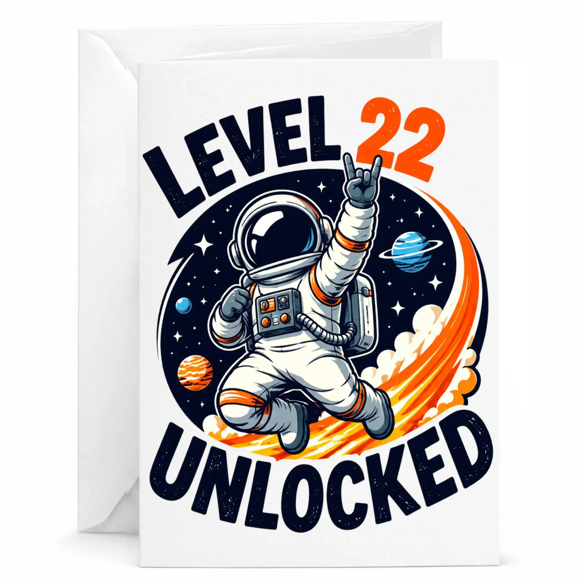 Birthday Card Level 22 Unlocked Astronaut Space Theme Funny Greeting Card for Milestone Celebration 5x7 Inches