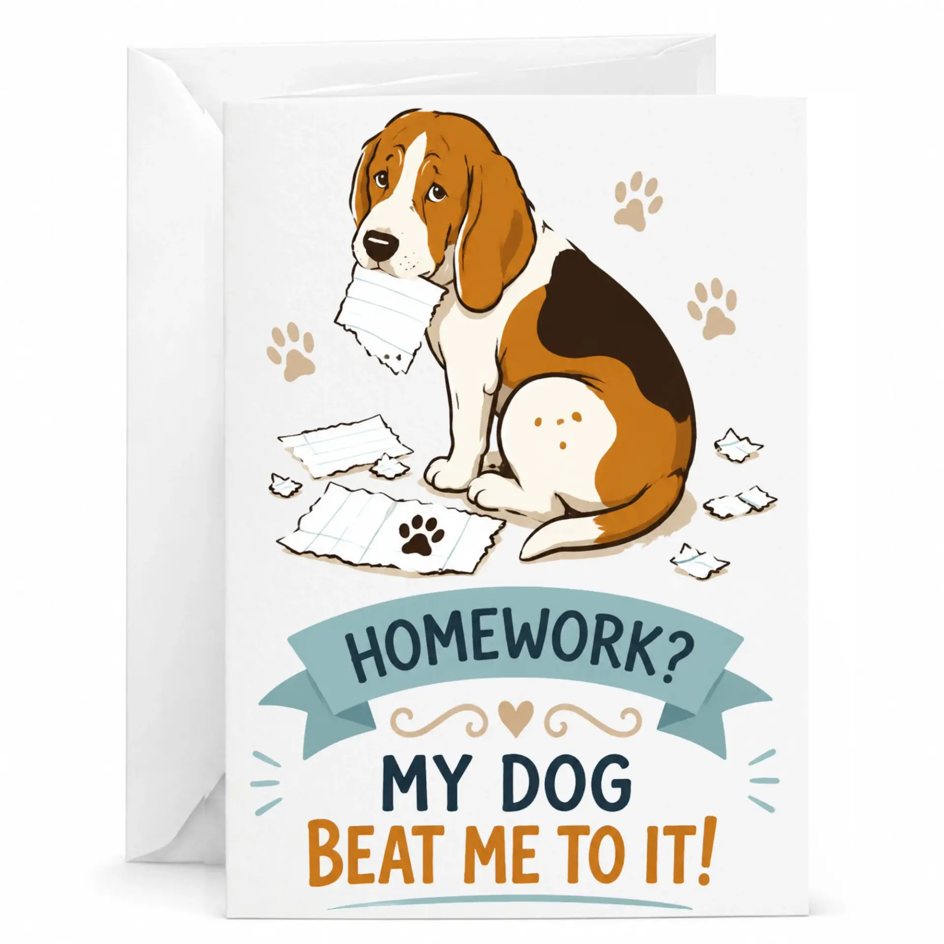 Funny Dog Greeting Card with Envelope Cute Beagle Puppy Ate My Homework Pun Illustration Blank Note for Any Occasion