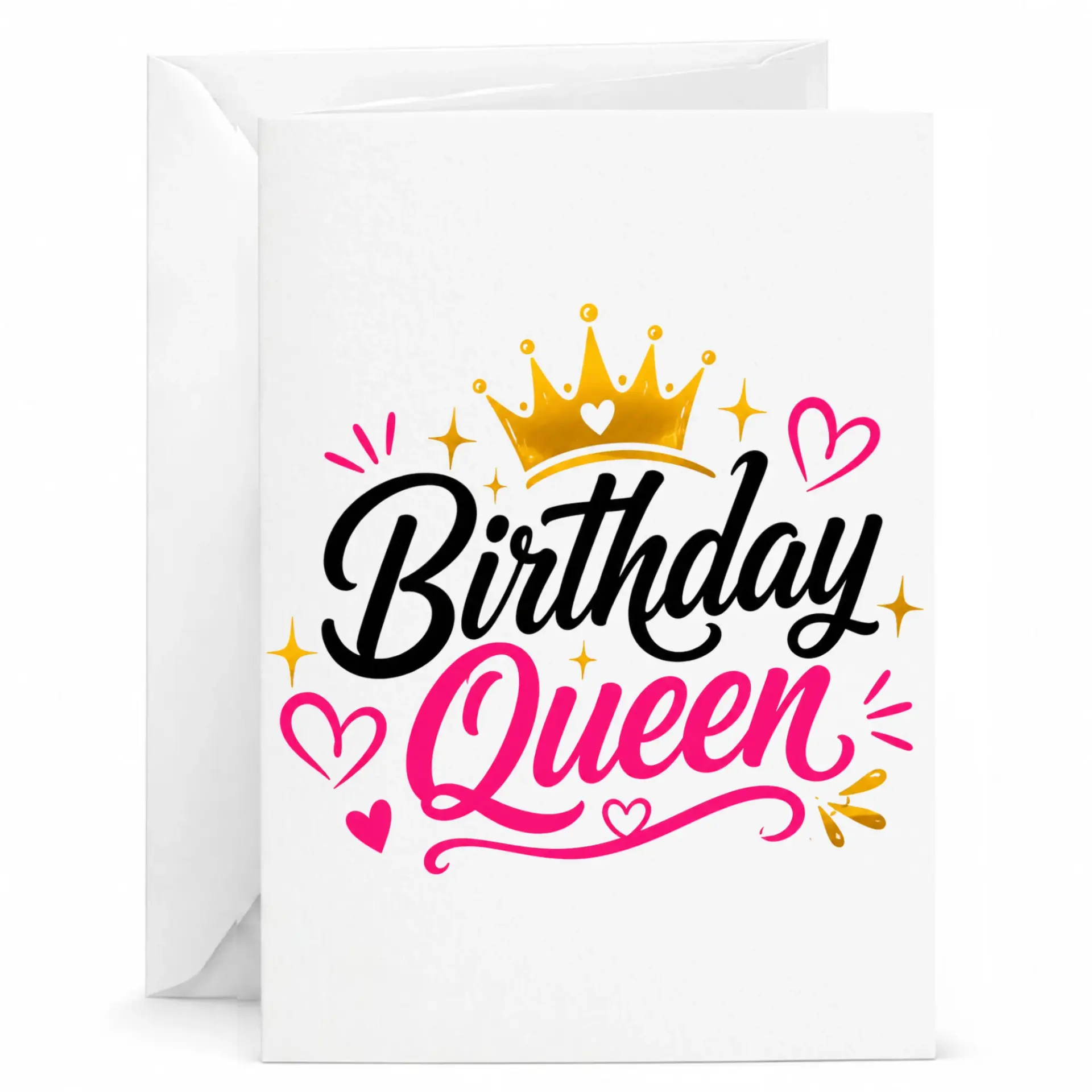 Birthday Queen Greeting Card with Gold Crown Design and Vibrant Pink Accents for Special Celebrations and Events