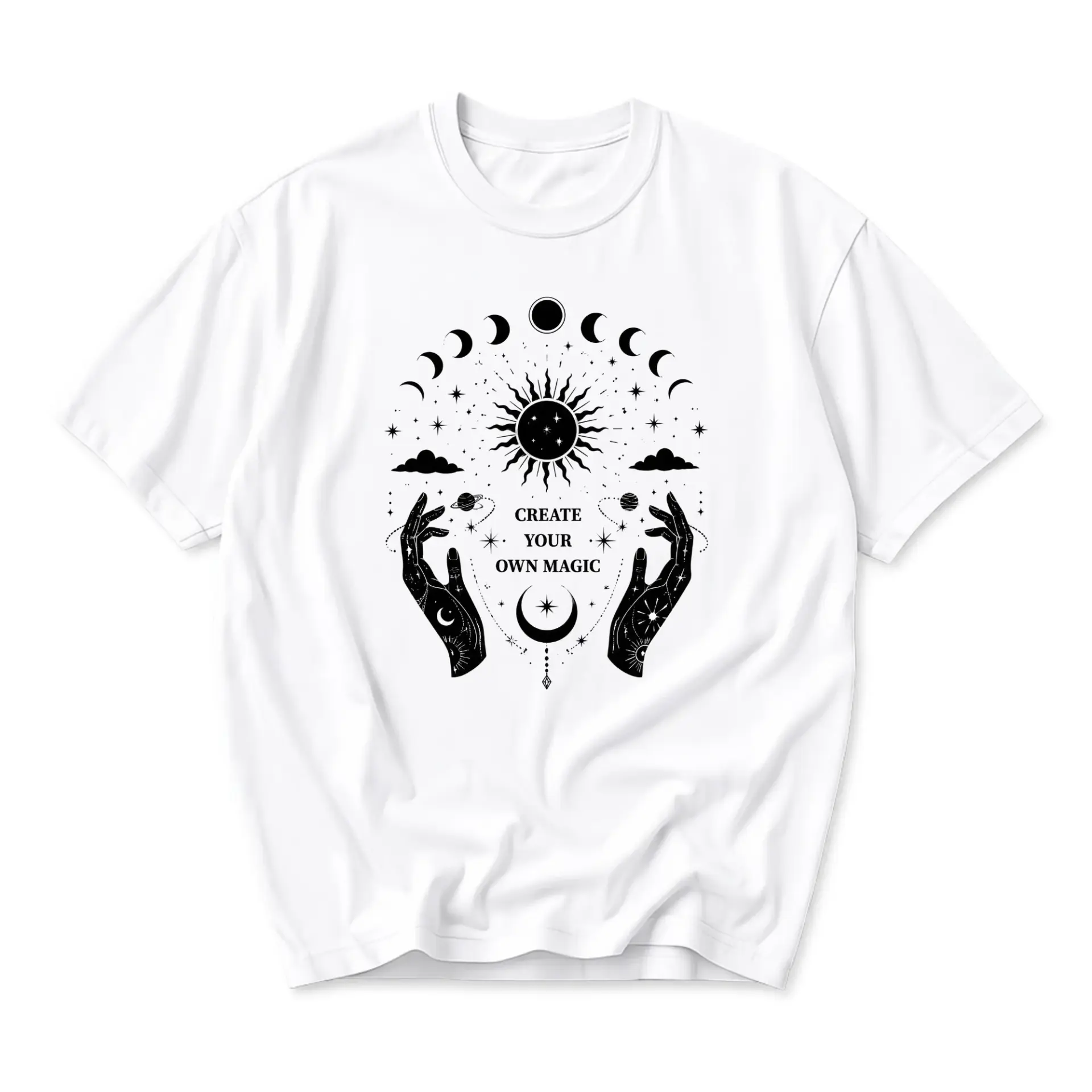 Graphic Tee Create Your Own Magic Celestial Celestial Hands and Moon Phases Print Unisex Crew Neck Casual Cotton Shirt