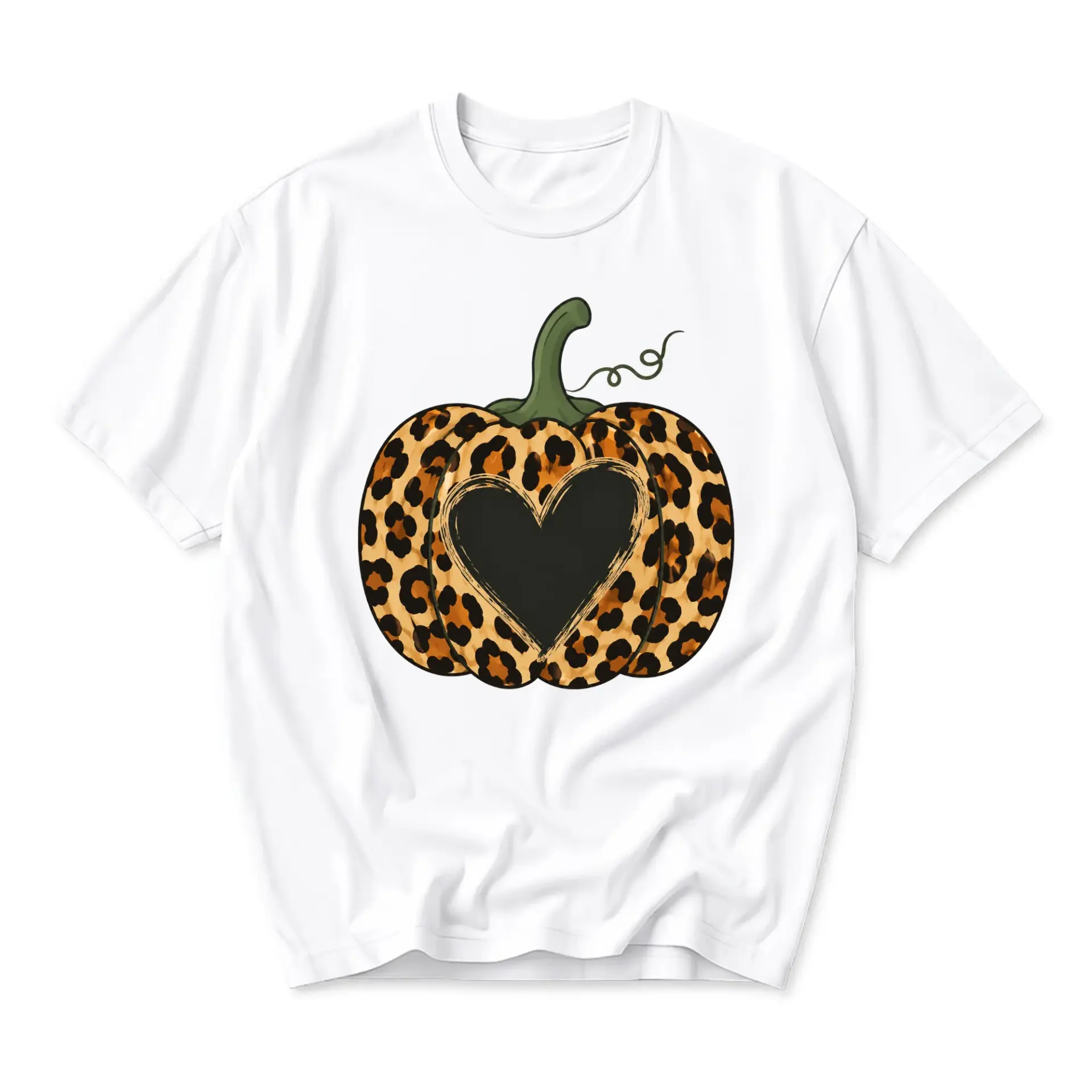 Graphic Tee Unisex Crew Neck T-Shirt Featuring a Leopard Print Pumpkin Design with a Heart Shape for Autumn Seasonal Wear