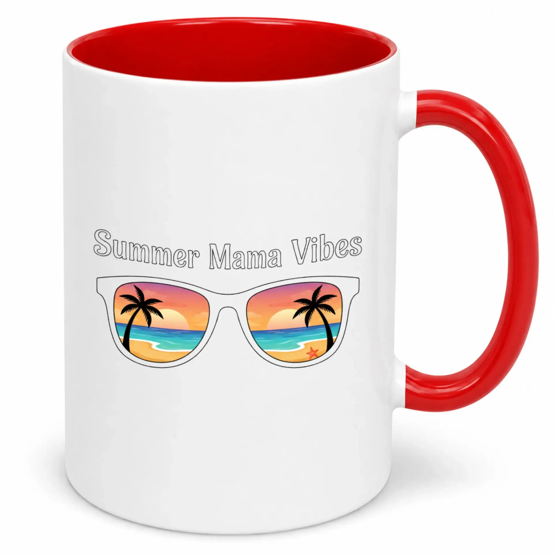 Funny Summer Mama Vibes Coffee Mug, Ceramic Vacation Beach Sunset Palm Tree Drinkware, Relaxing Everyday Tea Cup Gift for Her