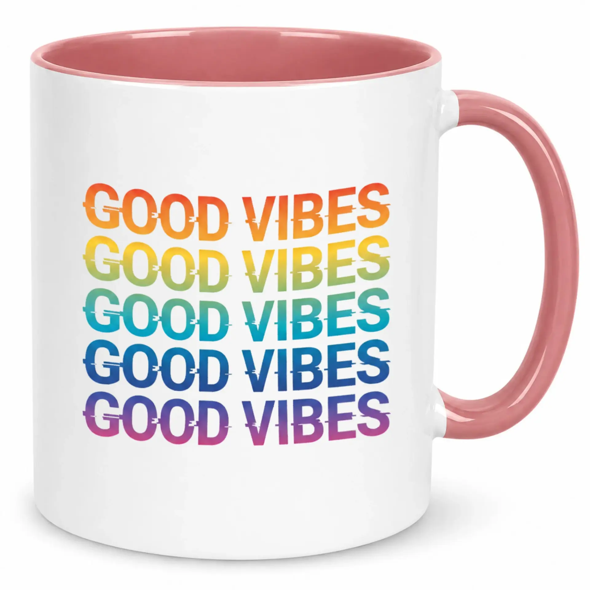Coffee Mug with Rainbow Good Vibes Design, Positive Affirmation Ceramic Cup, Aesthetic Drinkware for Home Office, Inspirational Gift Idea