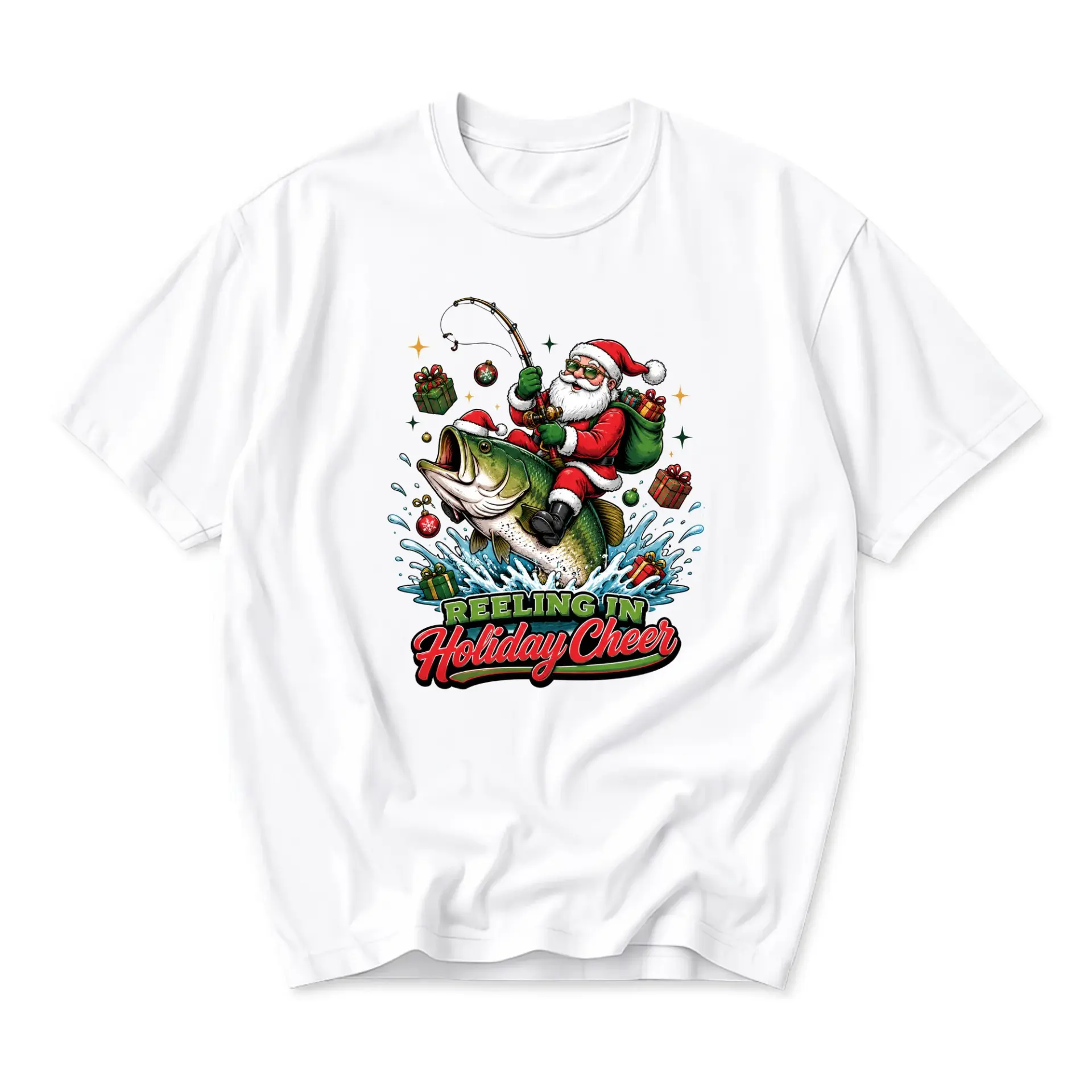 Graphic Tee Reeling in Holiday Cheer Santa Claus Fishing Design Unisex