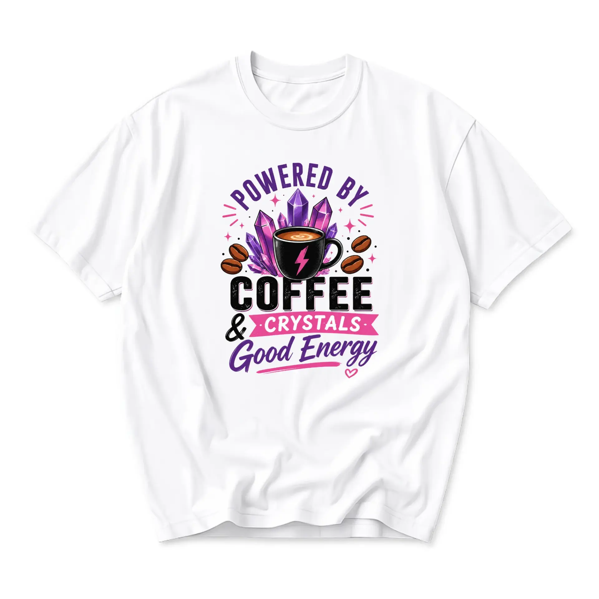 Funny Shirt Powered by Coffee and Crystals Graphic Tee Casual Unisex Short Sleeve Crew Neck Top for Everyday Wear