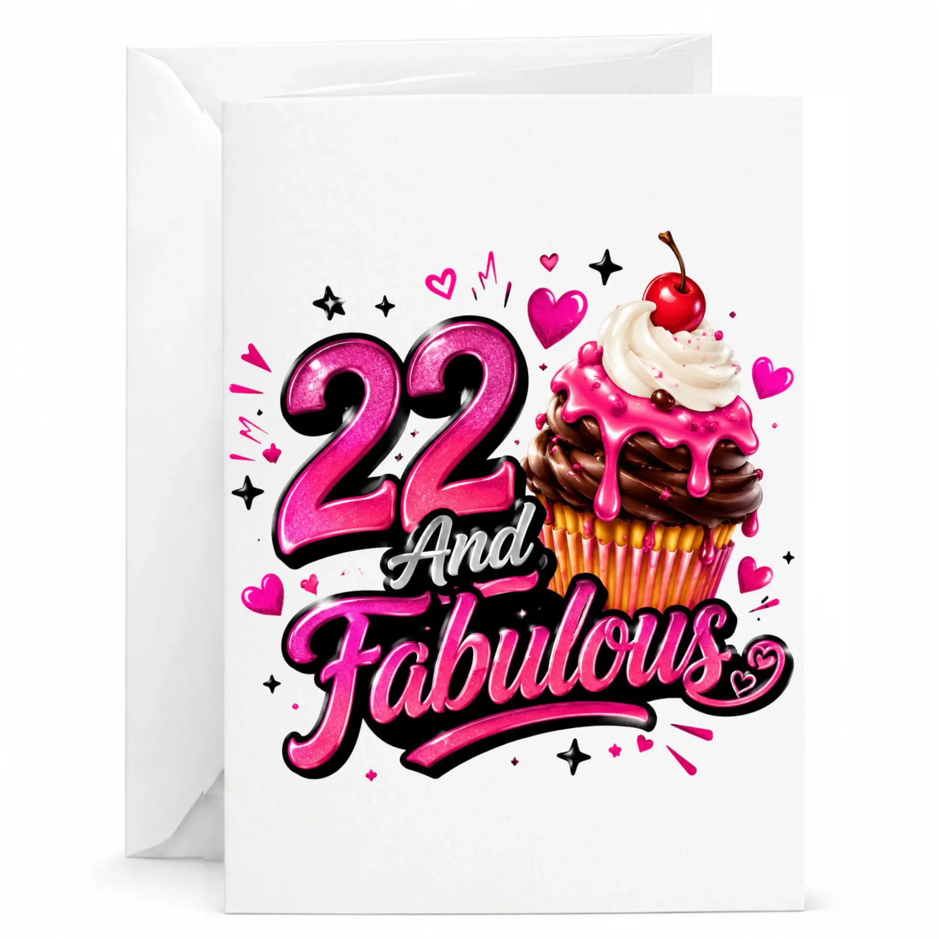 Birthday Card 22 and Fabulous Greeting Card with Envelope, Vibrant Cupcake Theme for Twenty-Second Birthday Celebration