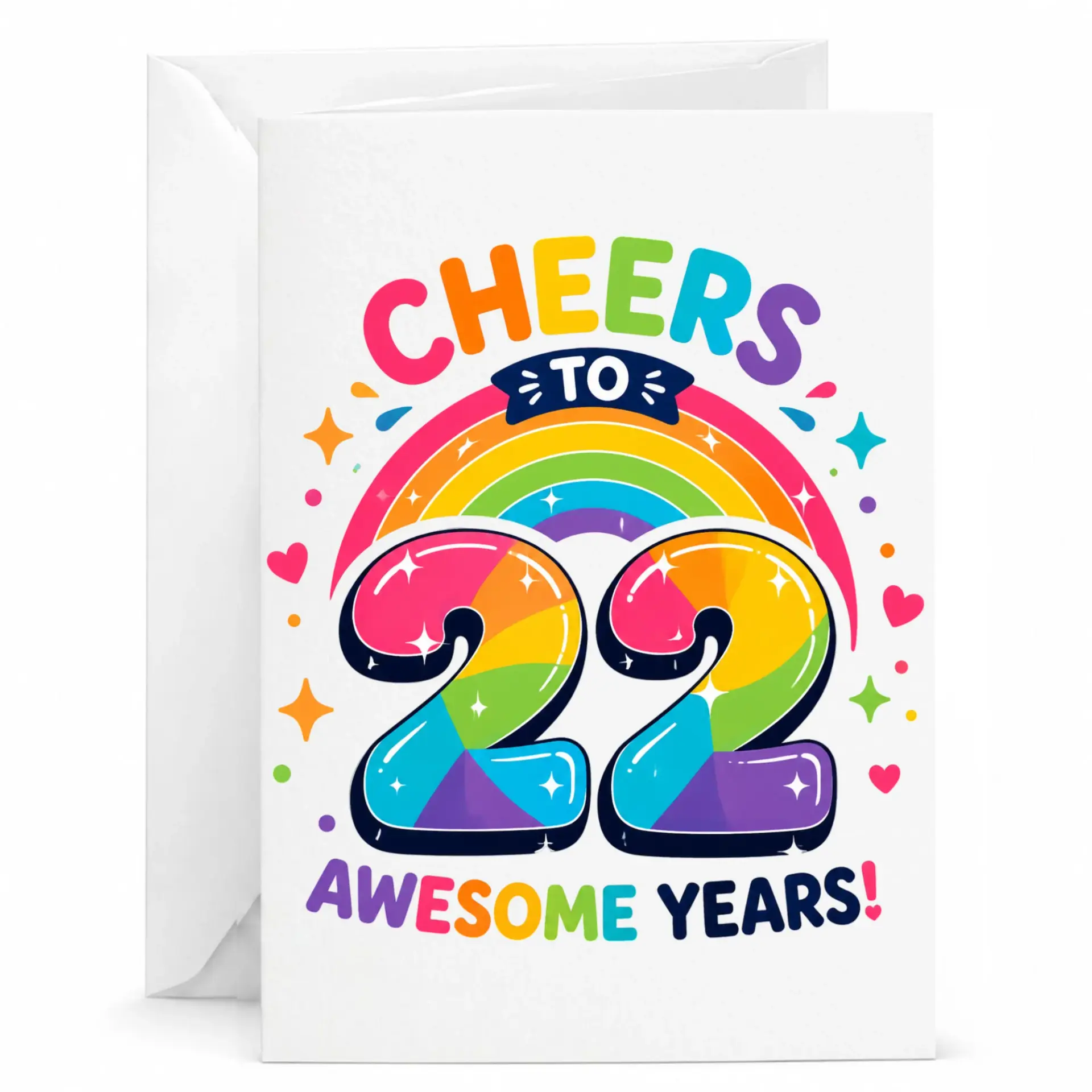 Birthday Card 22nd Birthday Cheers to 22 Awesome Years Rainbow Greeting Card with Matching White Envelope