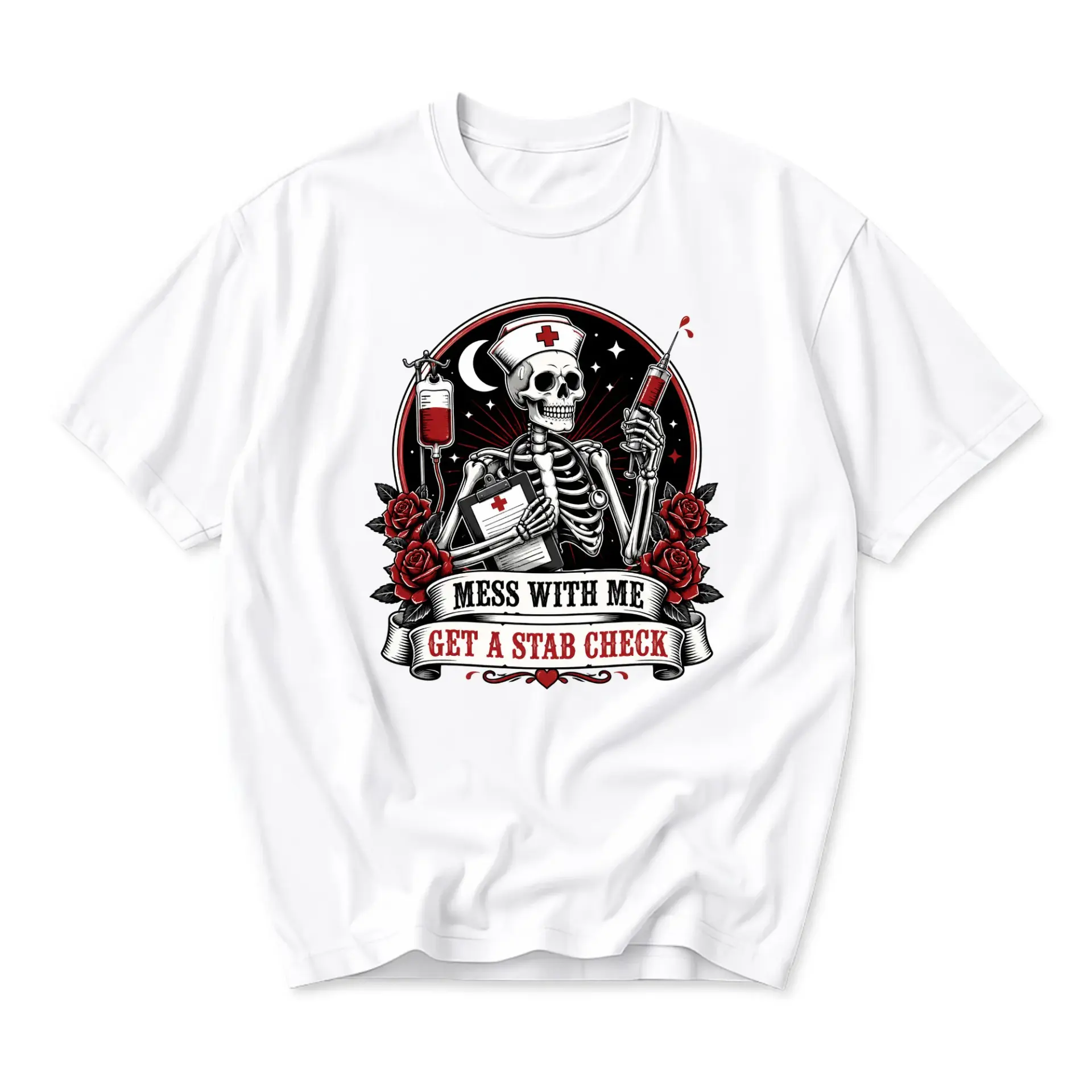 Funny Shirt Nurse Skeleton Design Unisex Graphic Printed T-Shirt Casual Everyday Apparel with Creative Medical Humor