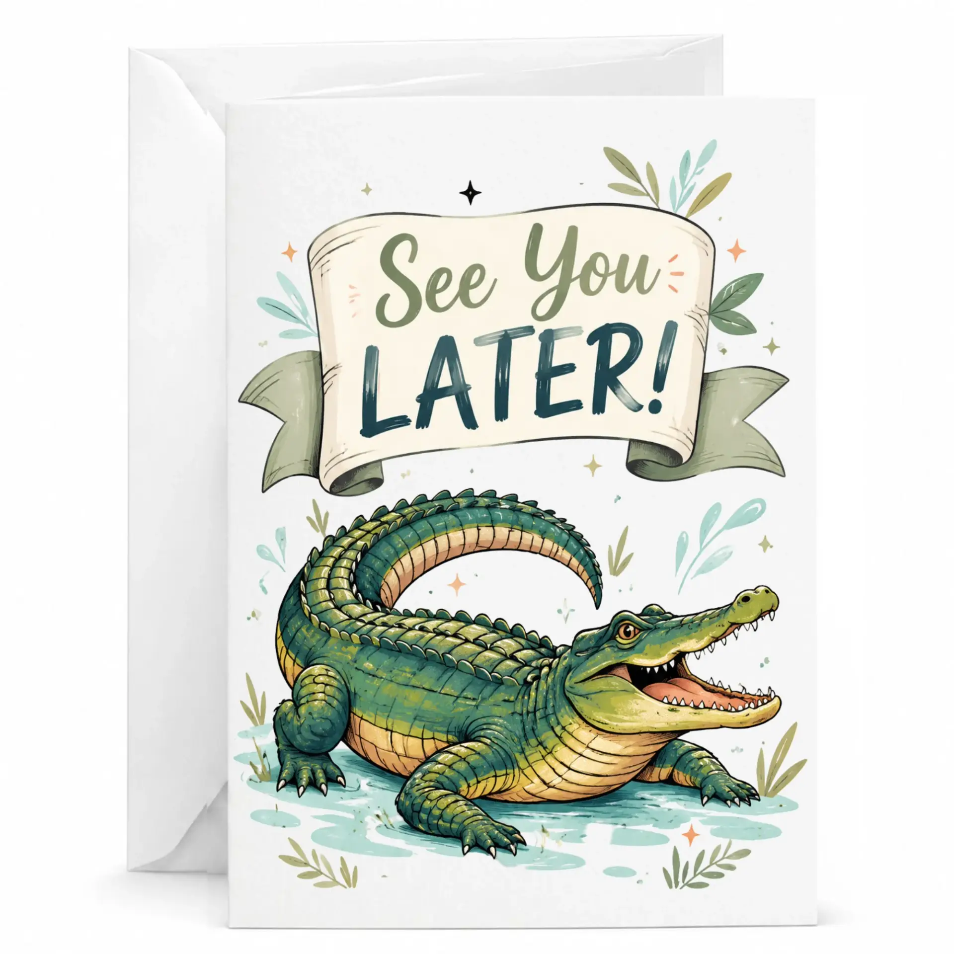 Funny Greeting Card See You Later Alligator Illustration with Scroll Design for Farewell and Moving Wishes