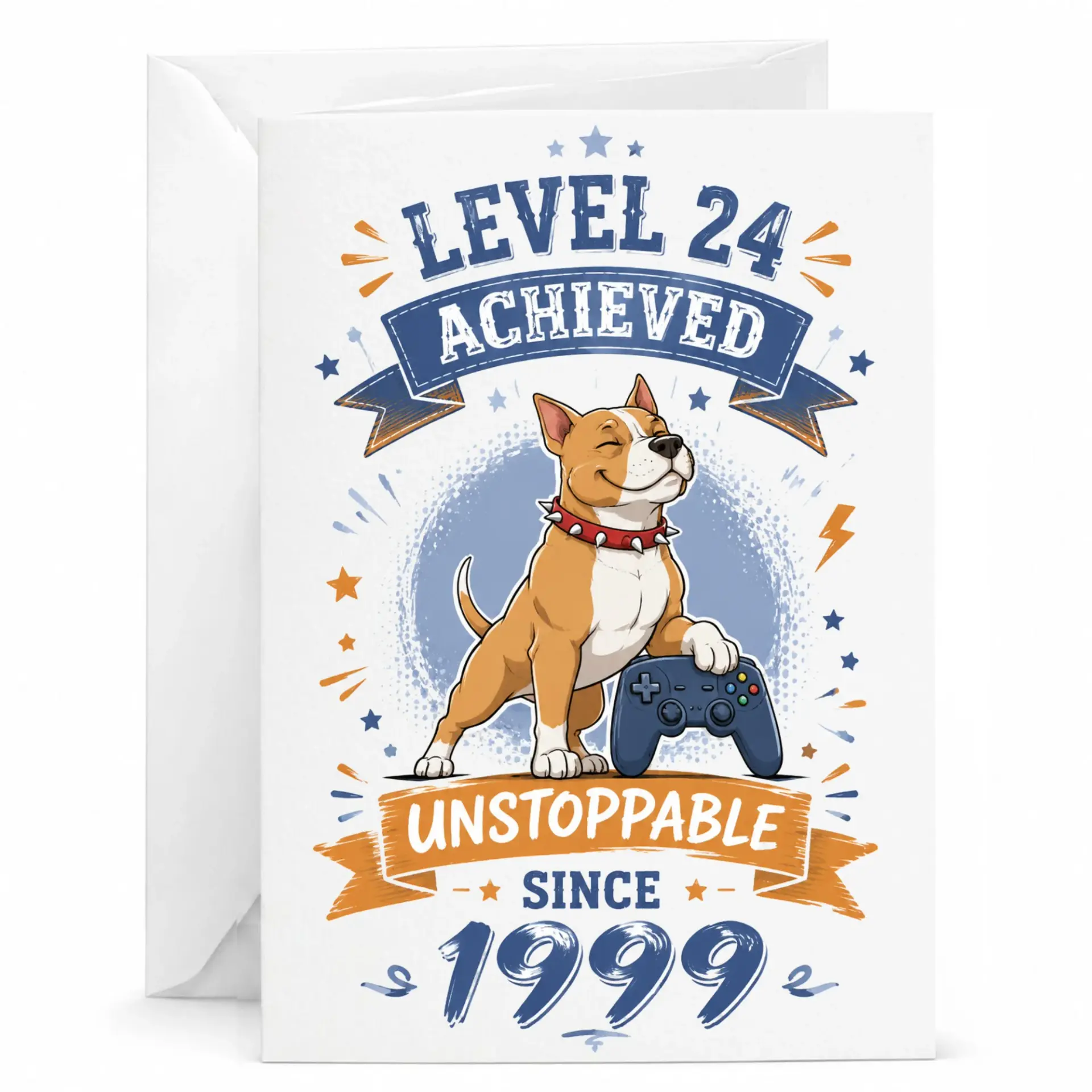 Funny Birthday Card Level 24 Achieved Gamer Dog Design 24th Birthday Greeting for Him or Her 5x7 Folded Note Card