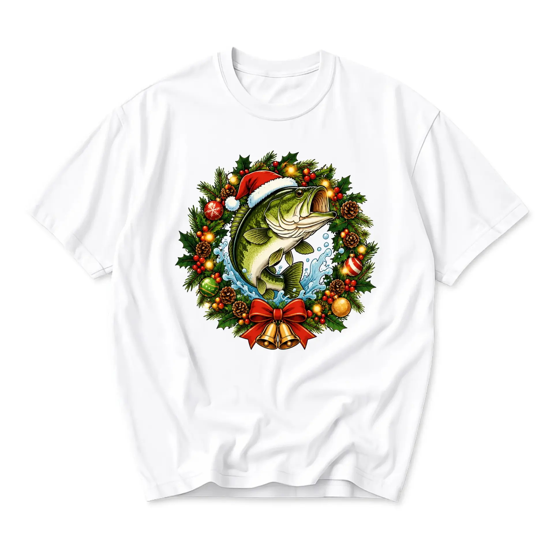 Funny Shirt Christmas Fishing Wreath Graphic Tee Unisex Crew Neck Short Sleeve Casual Cotton Blend Holiday Apparel