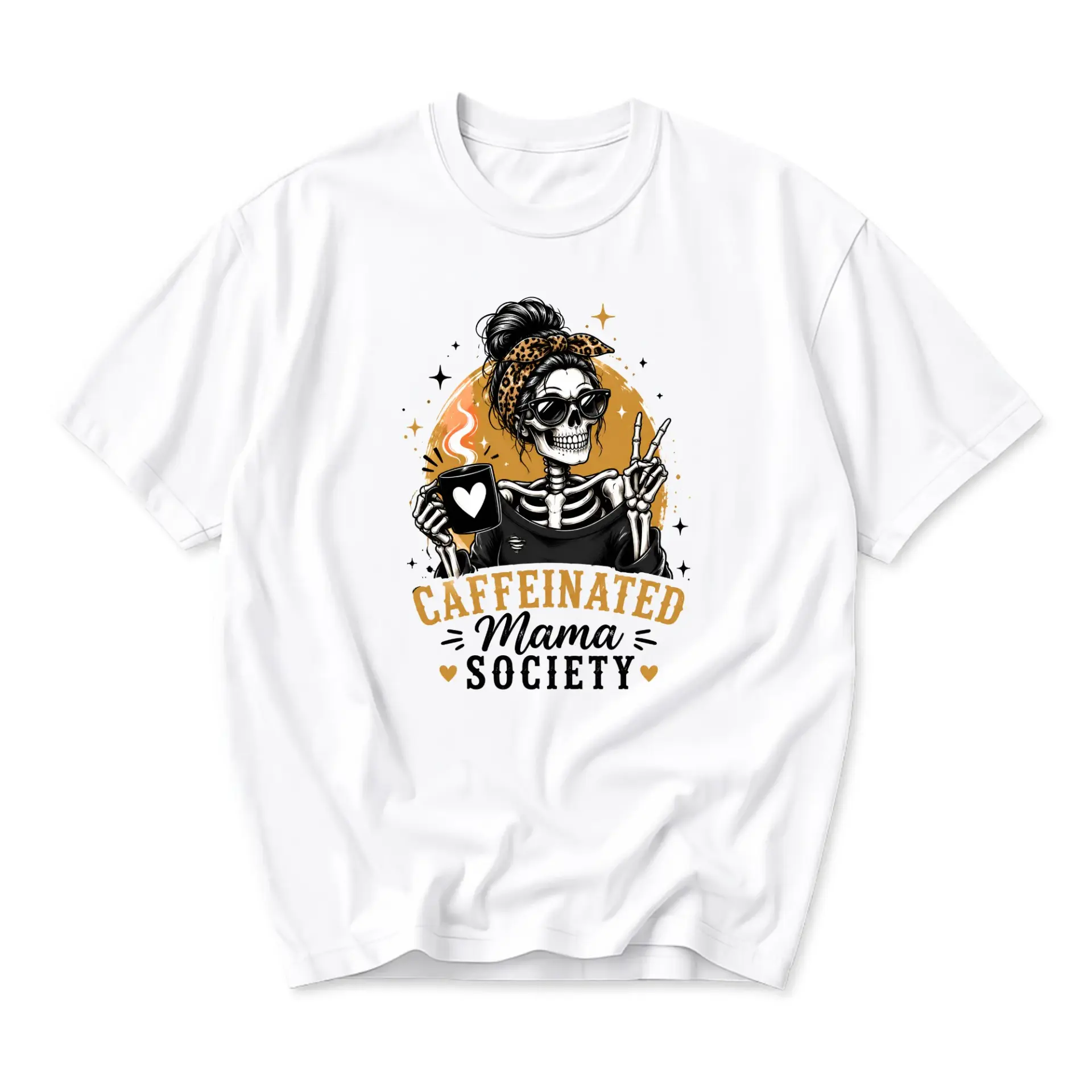 Graphic Tee Caffeinated Mama Society Skeleton Design Unisex Crew Neck Casual Everyday Short Sleeve Cotton Blend Shirt