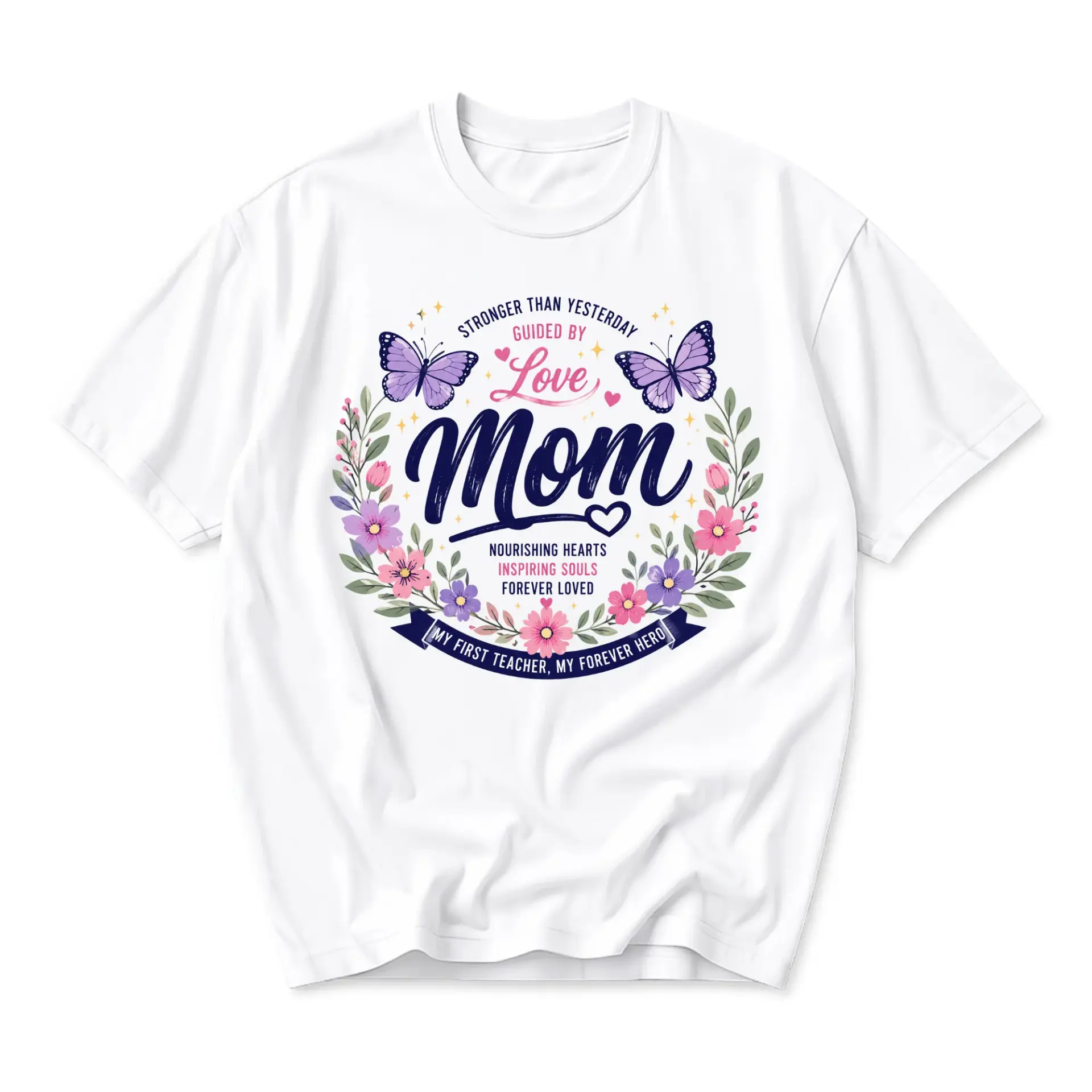 Graphic Tee Mom Floral Butterfly Print Unisex Crew Neck T-Shirt Inspirational Mother Appreciation Casual Cotton Top