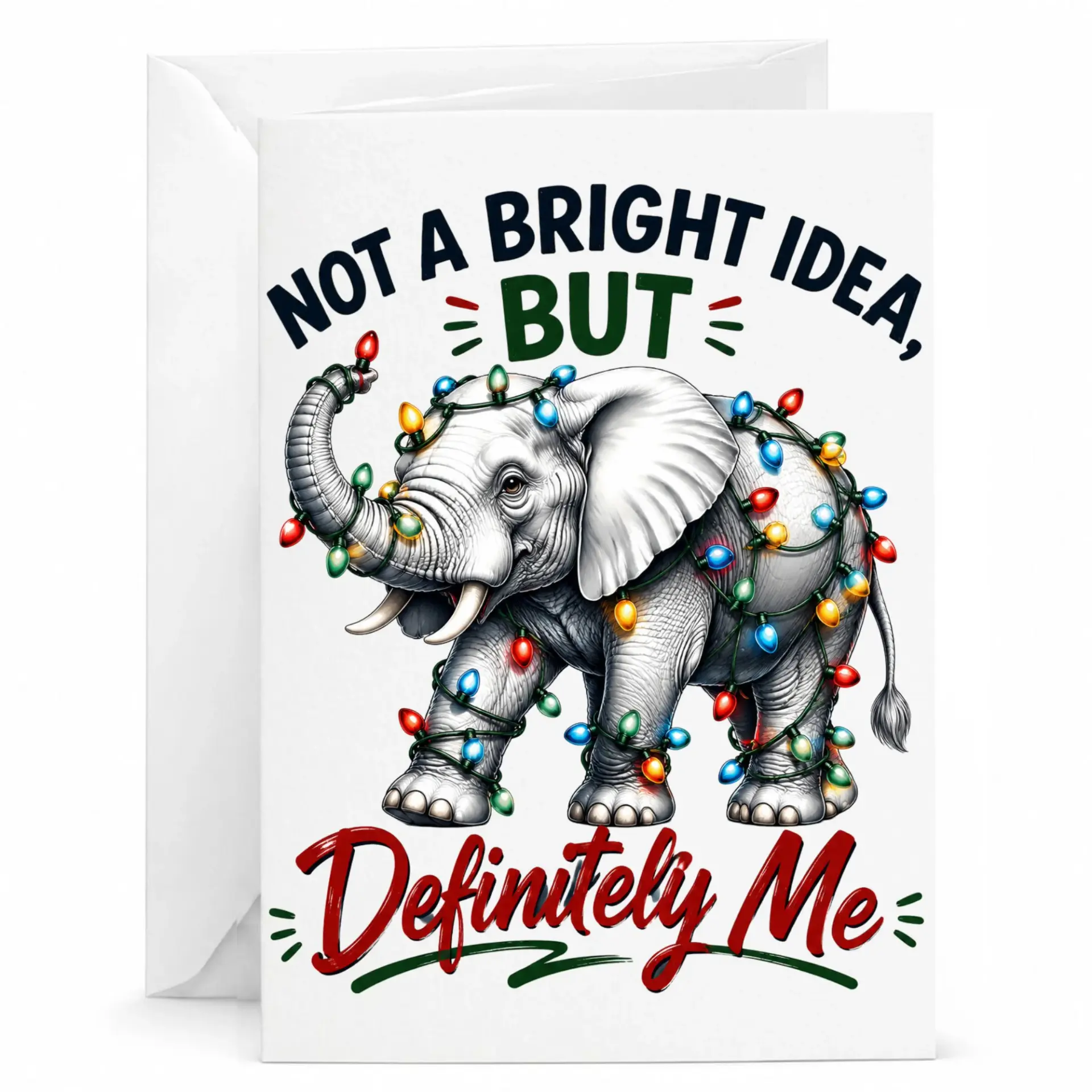 Funny Elephant Holiday Greeting Card with Envelope, Humorous Christmas Light Design for Friends and Family