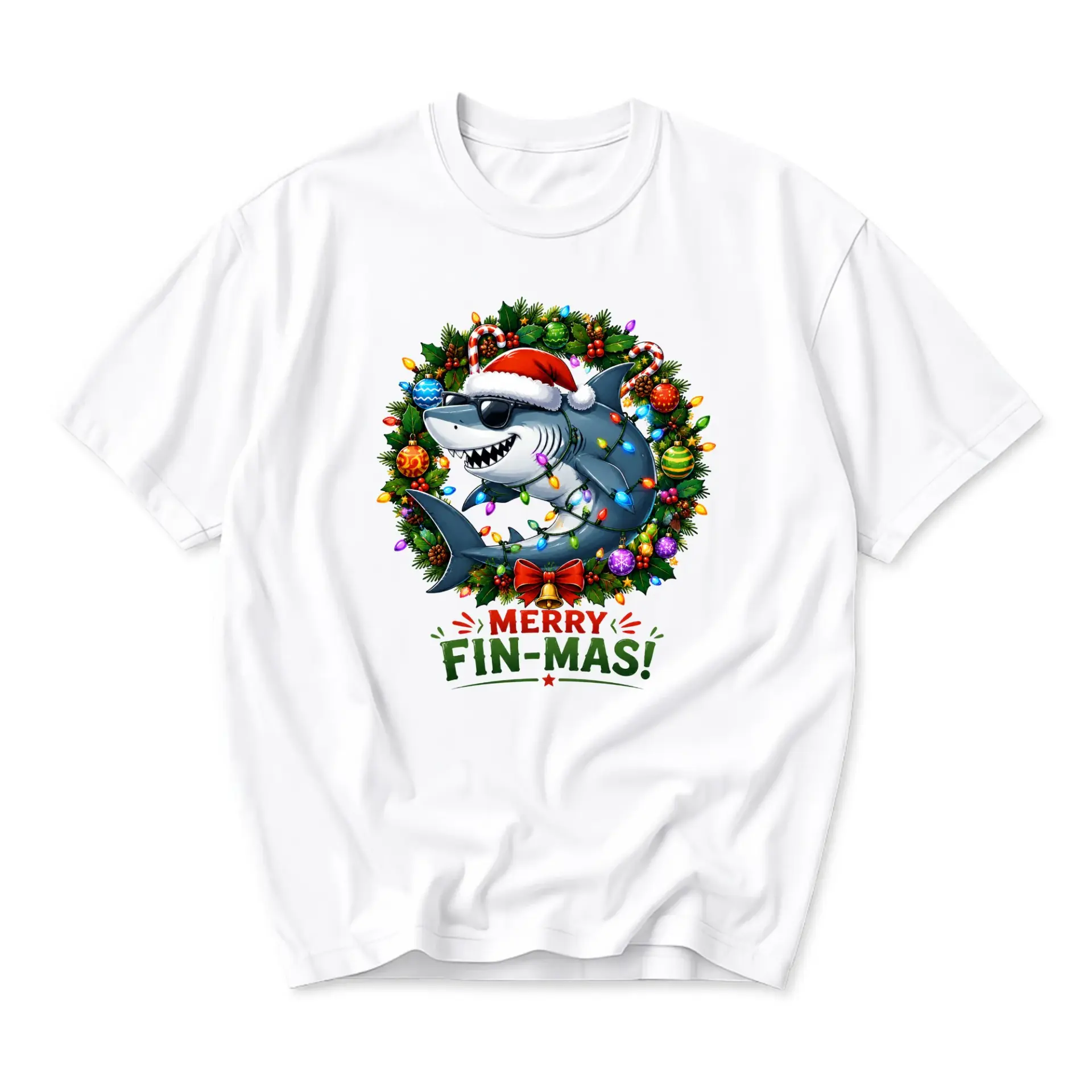 Funny Shirt Merry Fin-Mas Shark Graphic Tee Holiday Sea Print Unisex Casual Crew-Neck Short Sleeve Top