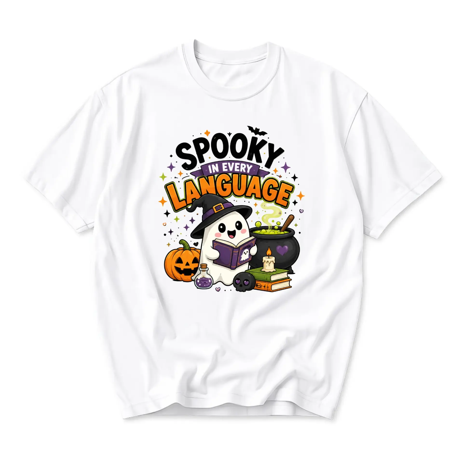 Funny Shirt Spooky in Every Language Graphic Tee Cute Ghost Reading Book Halloween Themed Unisex Crew Neck Apparel